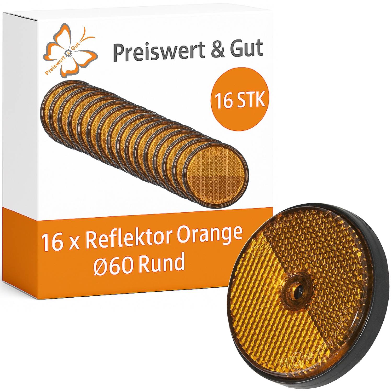16 x Reflektor Orange Ø60 Rund'. Orange runde Reflektoren für erhöhte Sichtbarkeit. Verpackung zeigt einen Stapel von Reflektoren.