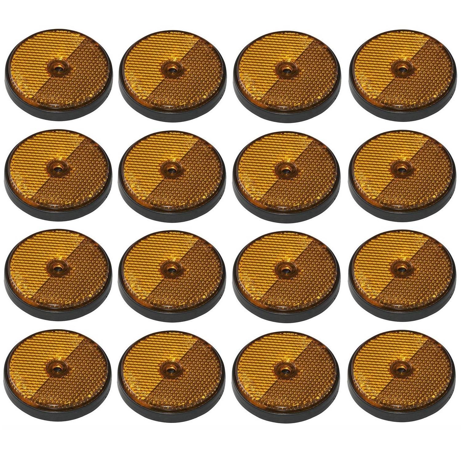 Sechzehn runde, orangefarbene Reflektoren mit schwarzen Kanten, in einem Rastermuster angeordnet. Jeder Reflektor hat eine strukturierte Oberfläche für bessere Sichtbarkeit.