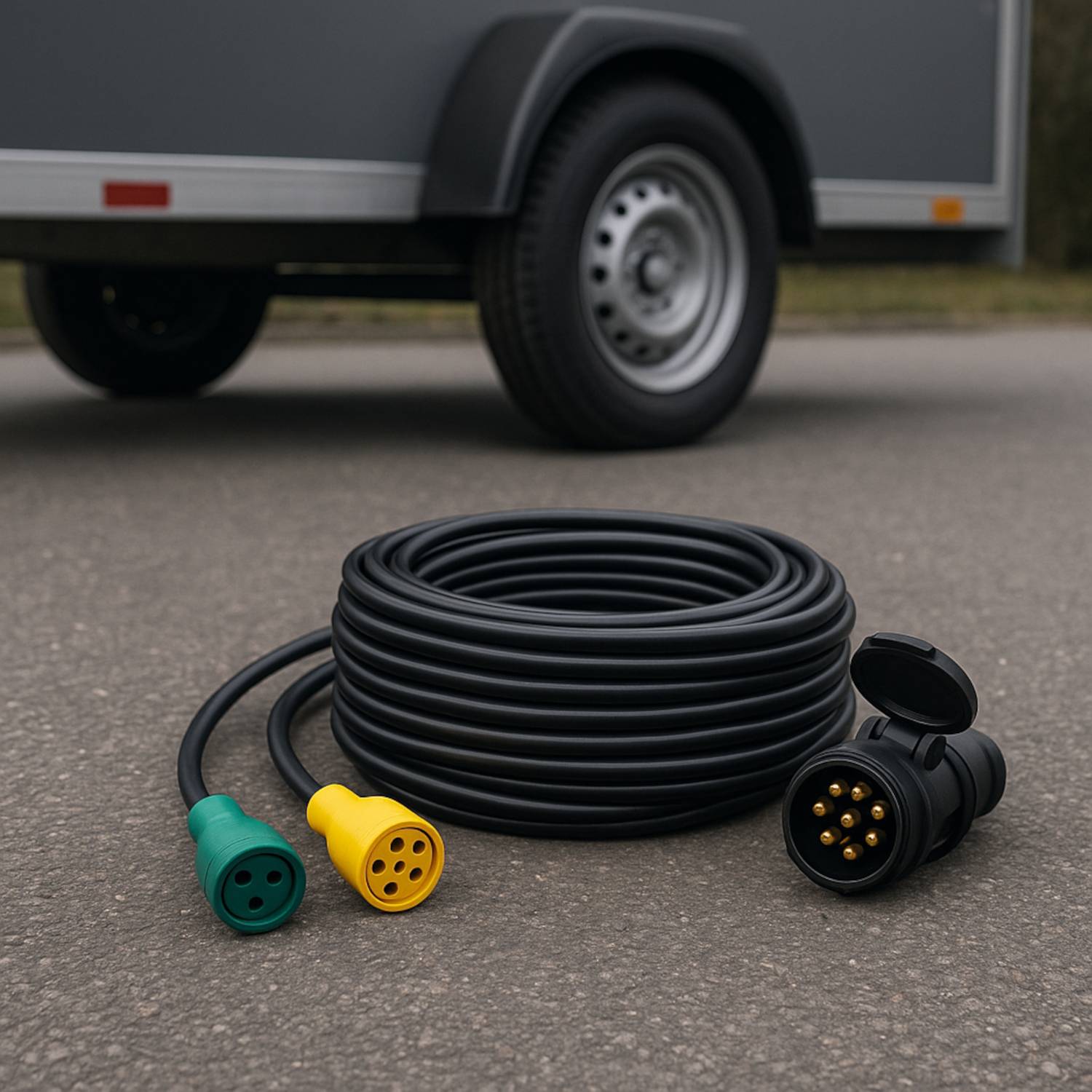 Ein aufgerolltes robustes Anhängerkabel mit einem gelb-grünen Stecker liegt auf einer gepflasterten Oberfläche neben einem geparkten Anhänger.