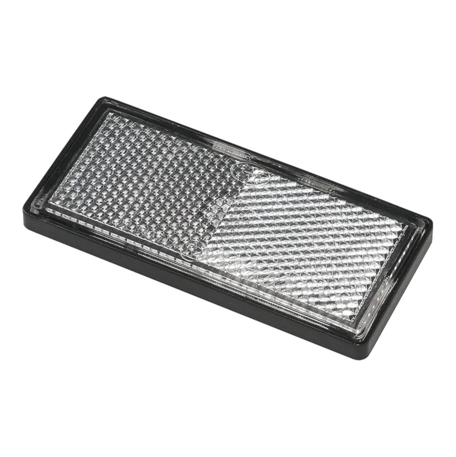 Ein rechteckiges reflektierendes Sicherheitslicht mit strukturierter Oberfläche und schwarzem Rahmen, das üblicherweise für Fahrzeuge oder Fahrräder verwendet wird.