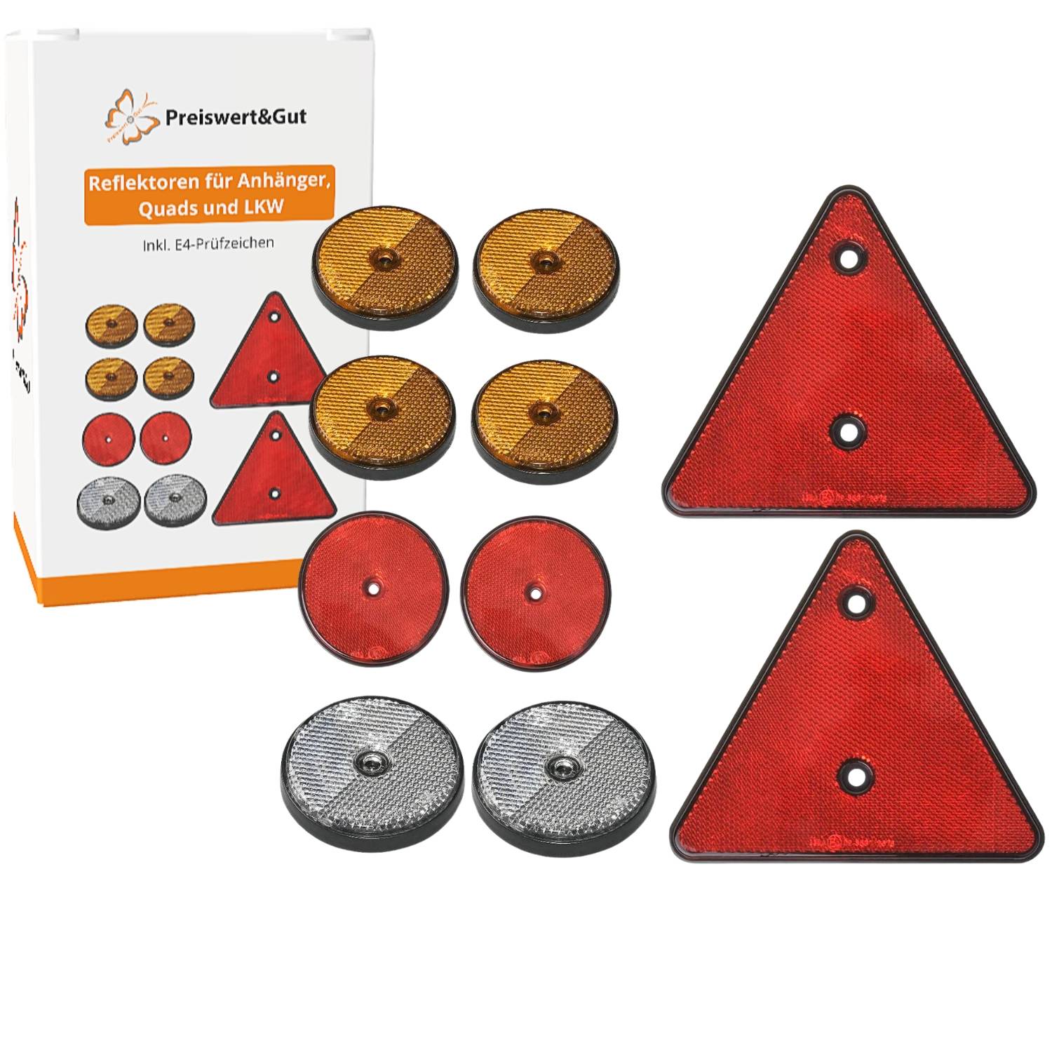 Eine Box mit der Aufschrift 'Reflektoren für Anhänger, Quads und LKW', die verschiedene Formen von Reflektoren enthält: rund, dreieckig, in den Farben Rot, Orange und Silber.