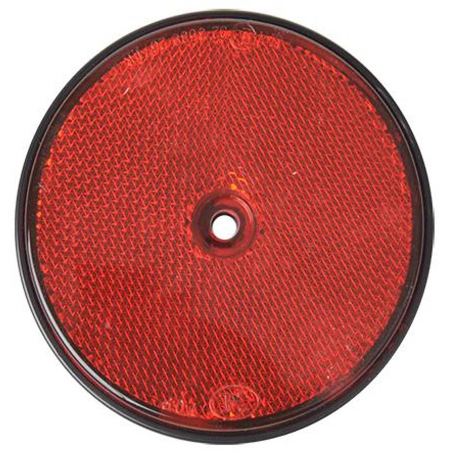 Ein rundes, rotes Fahrzeug- oder Fahrradreflexrückstrahler mit zentraler Befestigungsbohrung, der darauf ausgelegt ist, die Sichtbarkeit und Sicherheit bei schlechten Lichtverhältnissen zu verbessern.
