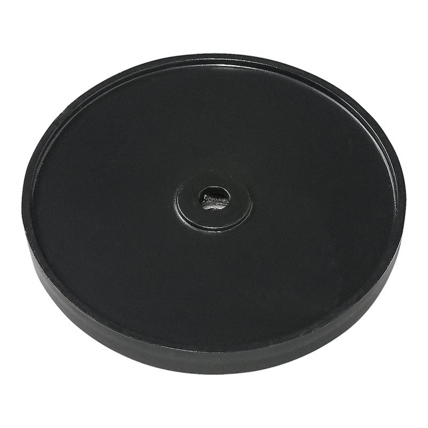 Eine einzelne, runde schwarze Hantelscheibe mit einem zentralen Loch, die üblicherweise für Gewichtheber-Übungen verwendet wird.