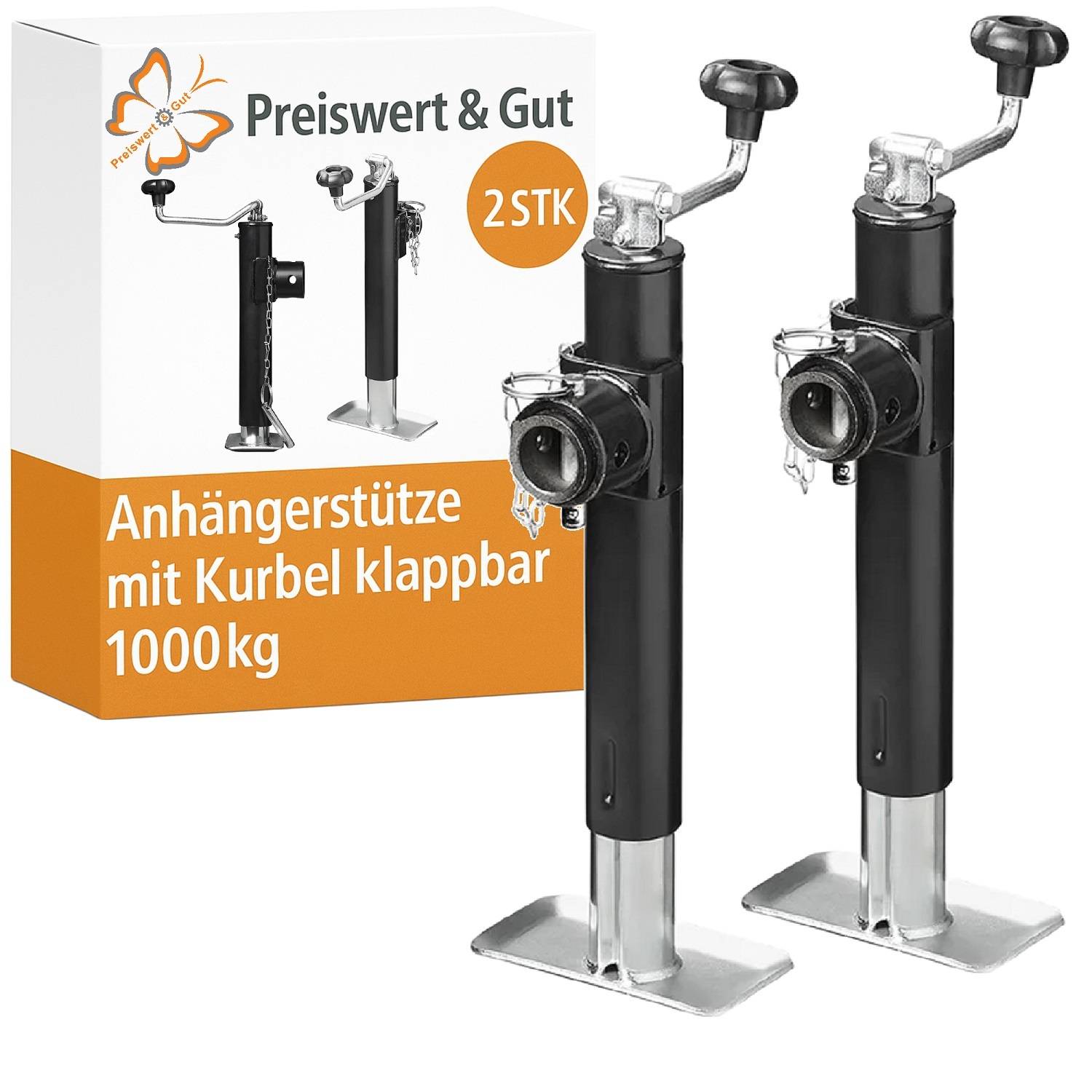 2 x Anhängerstütze mit Kurbel klappbar Stütze 1000kg 39-64 cm