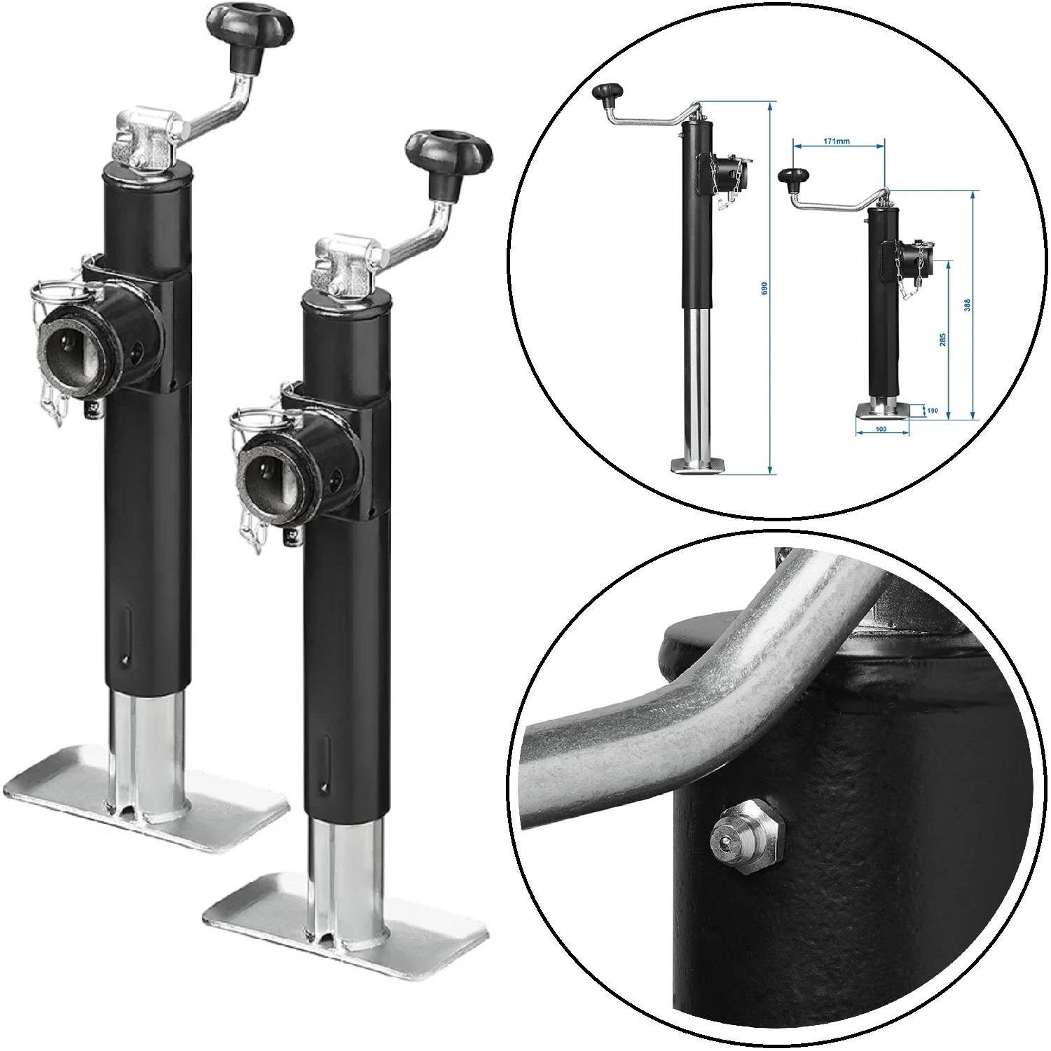 Zwei schwarze, verstellbare Anhänger-Stützböcke mit Griffen, detailliert mit Nahaufnahmen und Abmessungen dargestellt. Verwendet zur Stabilisierung schwerer Lasten.