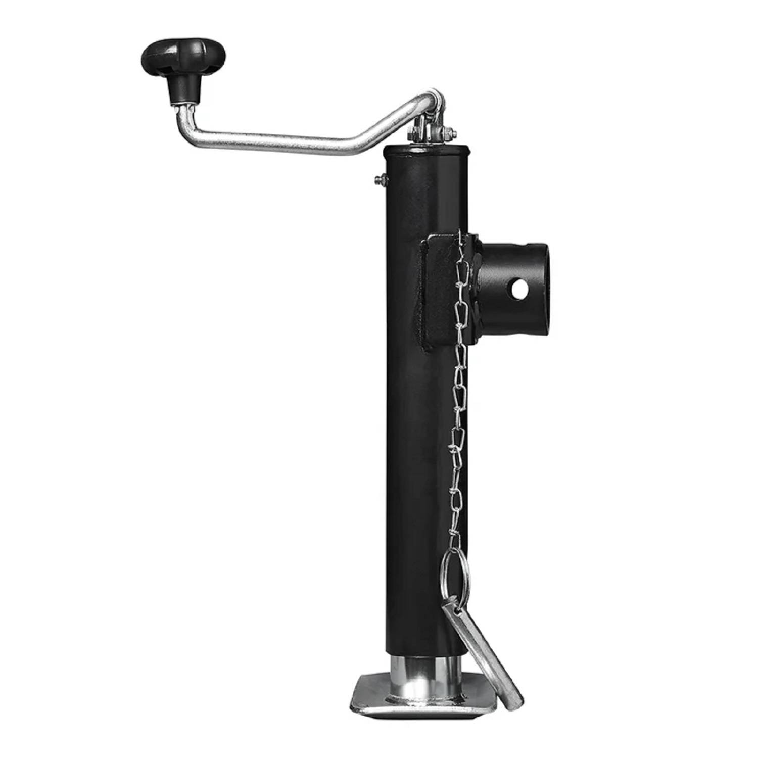 Ein vertikaler Anhängerhebedomme mit einem schwarzen zylindrischen Körper und einem Metallkurbelgriff oben, ausgestattet mit einer Kette und Grundplatte am unteren Ende.