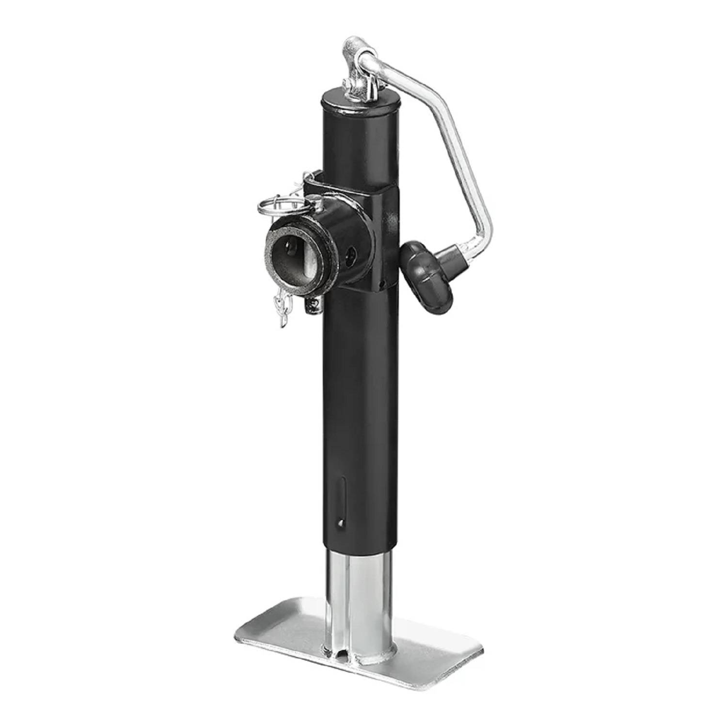 Ein Anhängerhebearm mit einem schwarzen vertikalen Zylinder, abnehmbarem Kurbelgriff und einer breiten Basis für Stabilität.