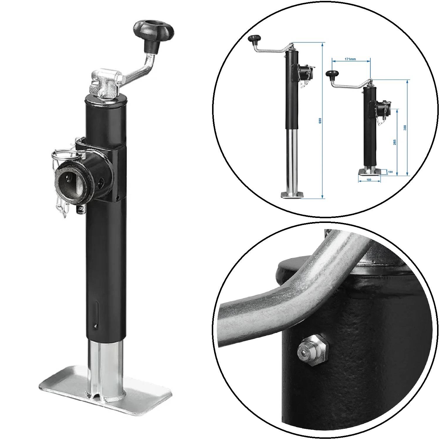 Ein Böckel mit Handkurbel zum Anheben. Einschub zeigt Maße und eine Detailansicht einer Schraube. Verwendet für die Abstützung von Anhängern.