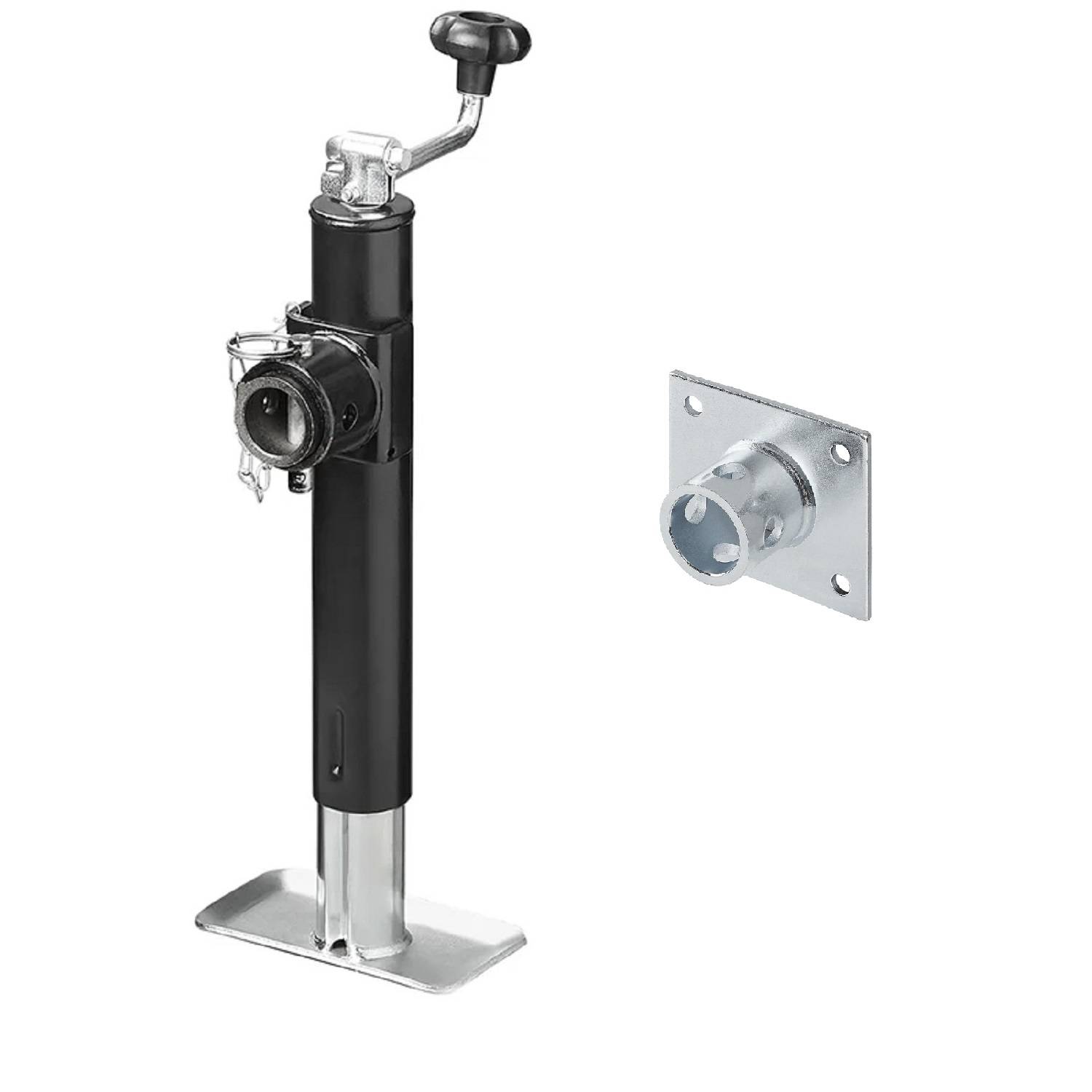 Ein schwarzer und silberner verstellbarer Stützwagen mit montiertem Griff, neben einer silbernen Metallhalterung mit Löchern zur Befestigung.
