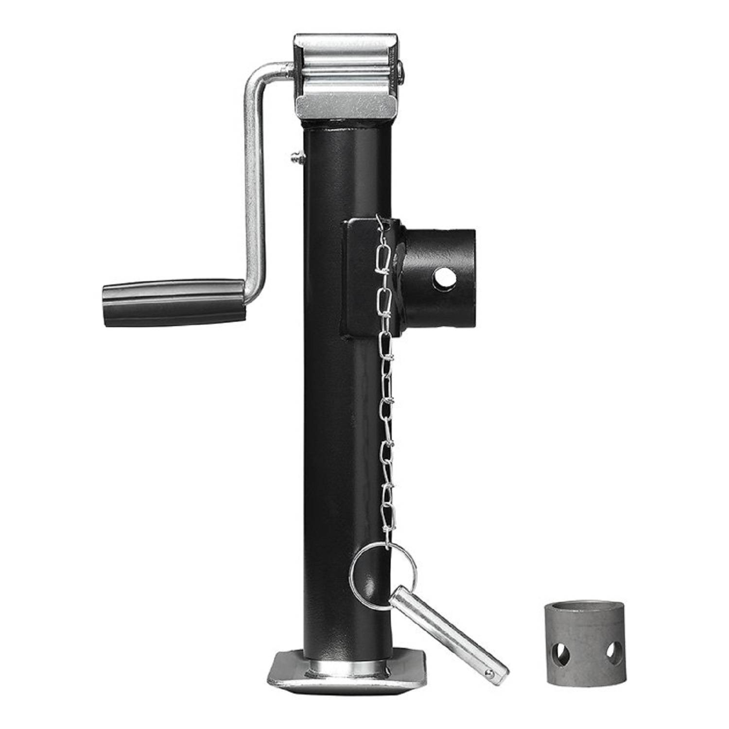 Ein schwarzer Metallausziehheber mit seitlicher Kurbel und Fußplatte für Stabilität. Inklusive eines Pins mit Kette und Befestigungshalterung.
