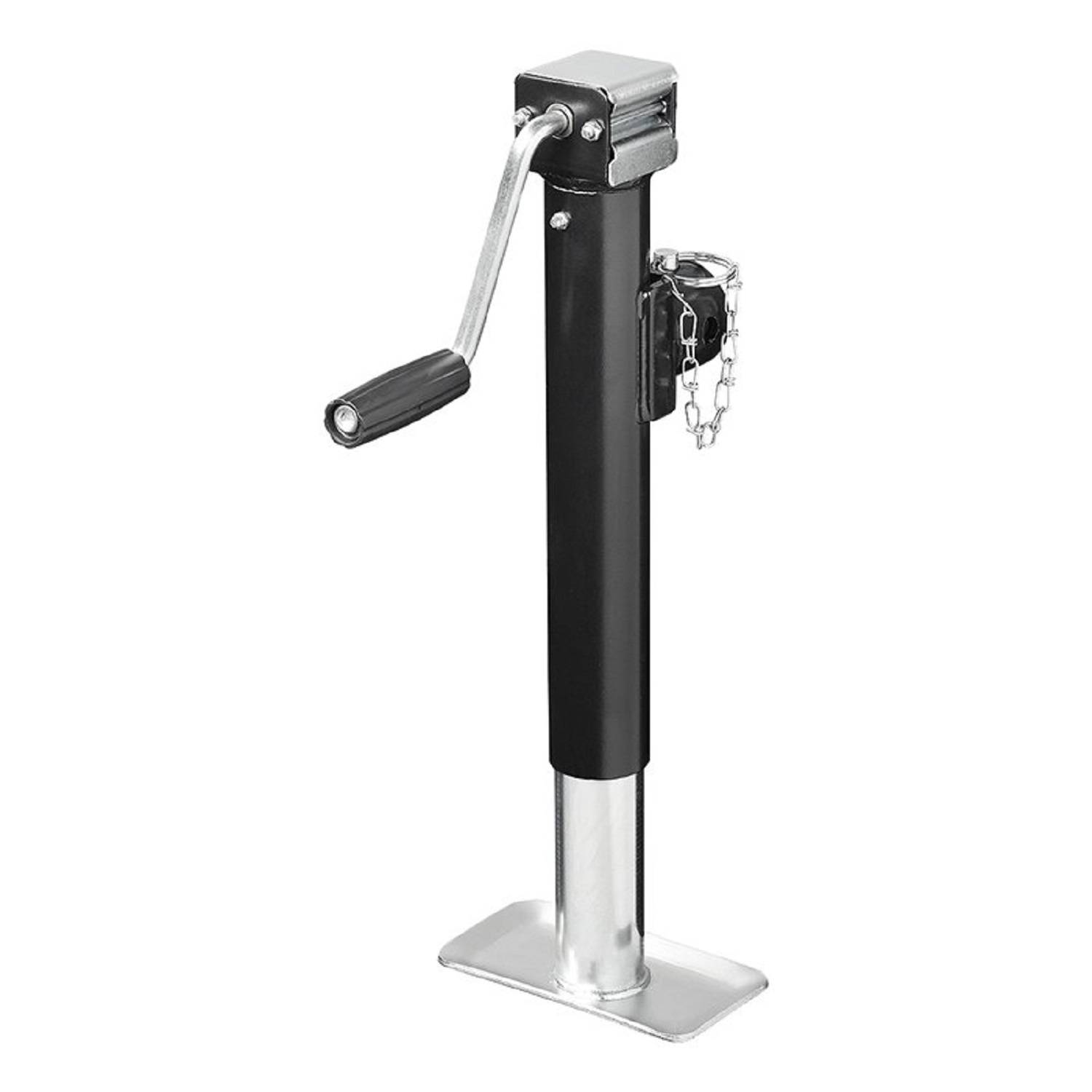 Ein manueller Anhängerbock mit einem schwarzen Griff und metallischer Basis, konzipiert für die Höhenverstellung und Unterstützung von Anhängern.