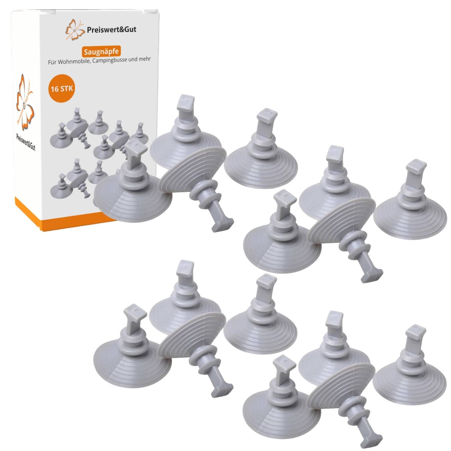 Ein Set von 16 grauen Saugnäpfen mit einer Verpackung, die die Marke 'Preiswert&Gut' zeigt, geeignet für Haushalte, Wohnmobile und mehr.