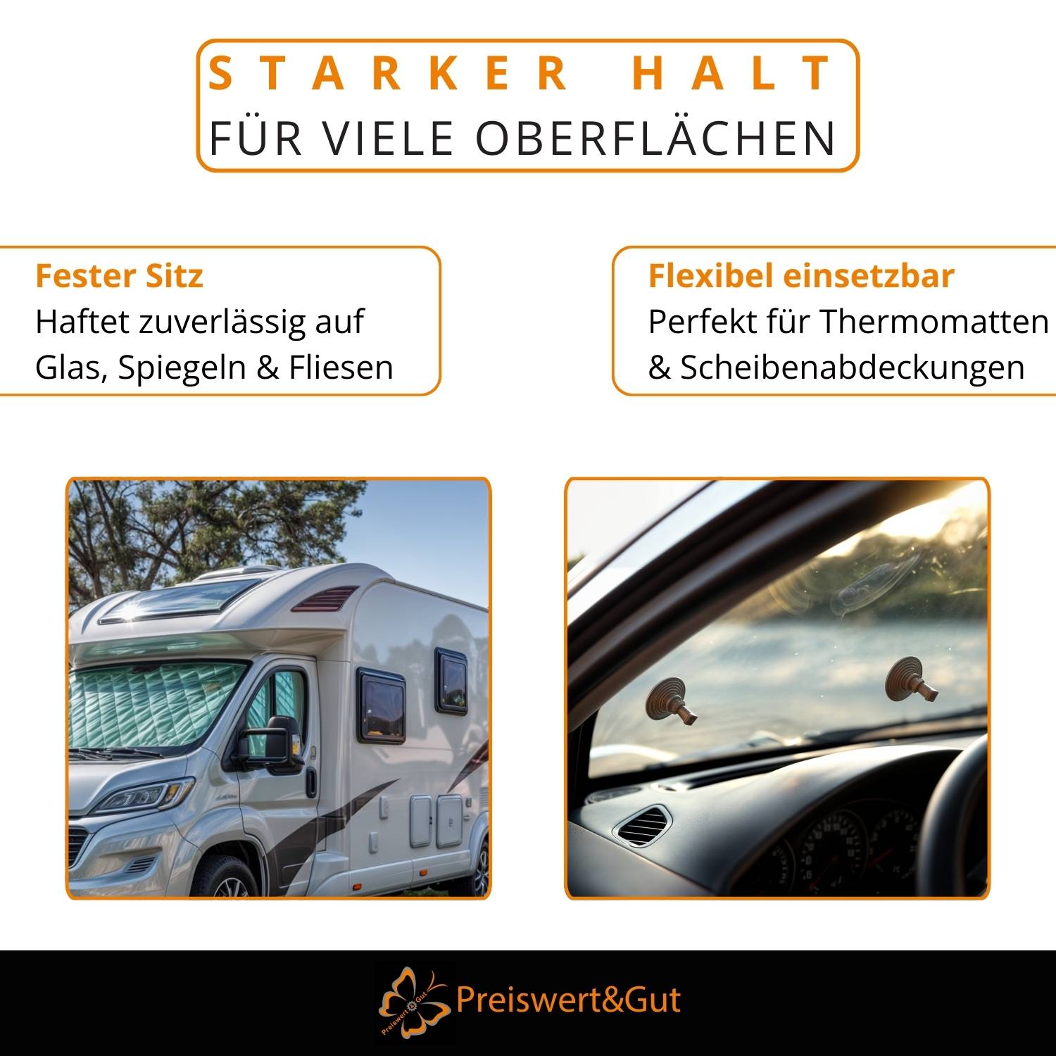 Starker Halt für viele Oberflächen' zeigt Eigenschaften von starken Halterungen auf glatten Oberflächen; Bilder zeigen einen Lieferwagen und Kleiderbügel in einem Autofenster.
