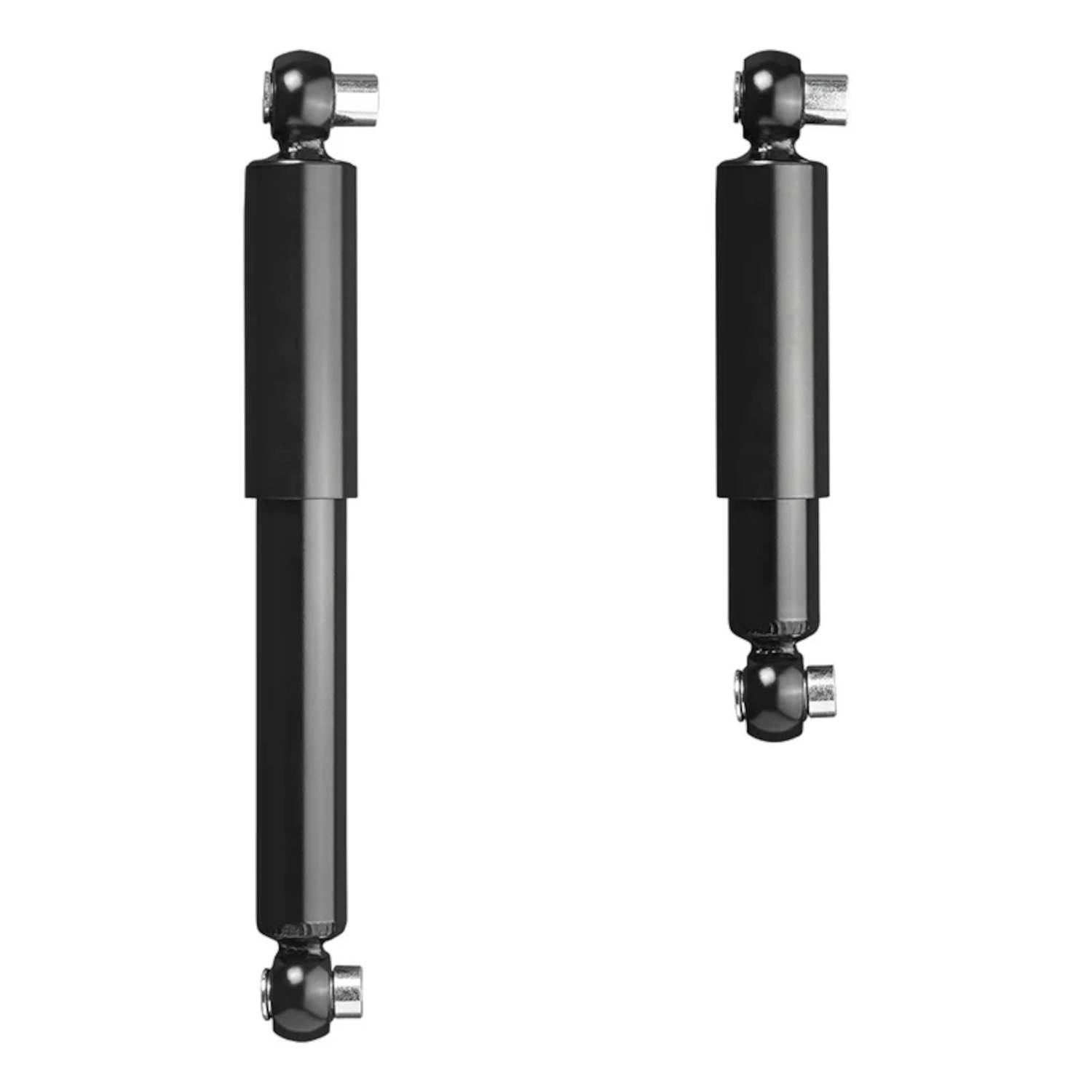 Zwei schwarze Stoßdämpfer für Kraftfahrzeuge, einer größer und einer kleiner, vertikal nebeneinander auf einem weißen Hintergrund.