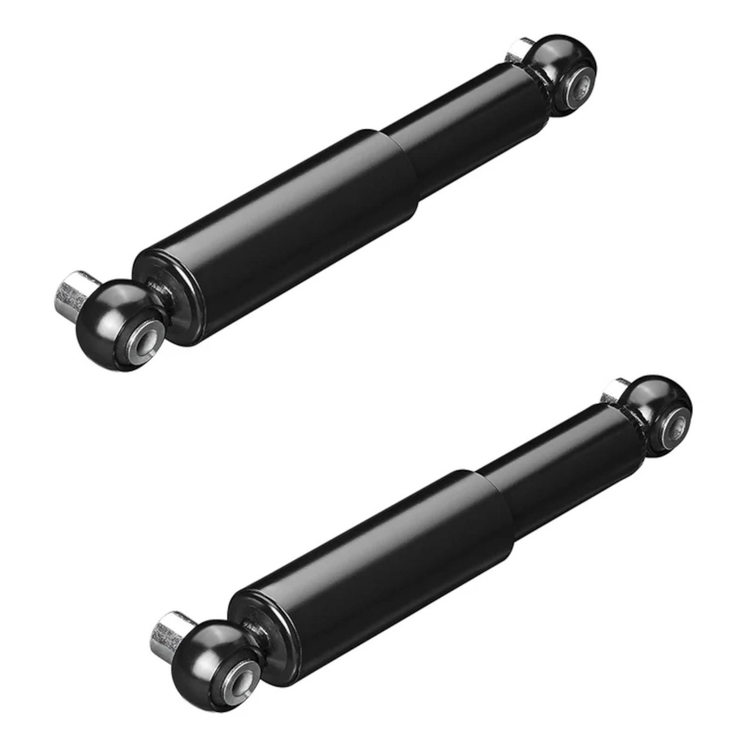 Zwei schwarze Stoßdämpfer für Kraftfahrzeuge, parallel auf einem weißen Hintergrund ausgelegt.