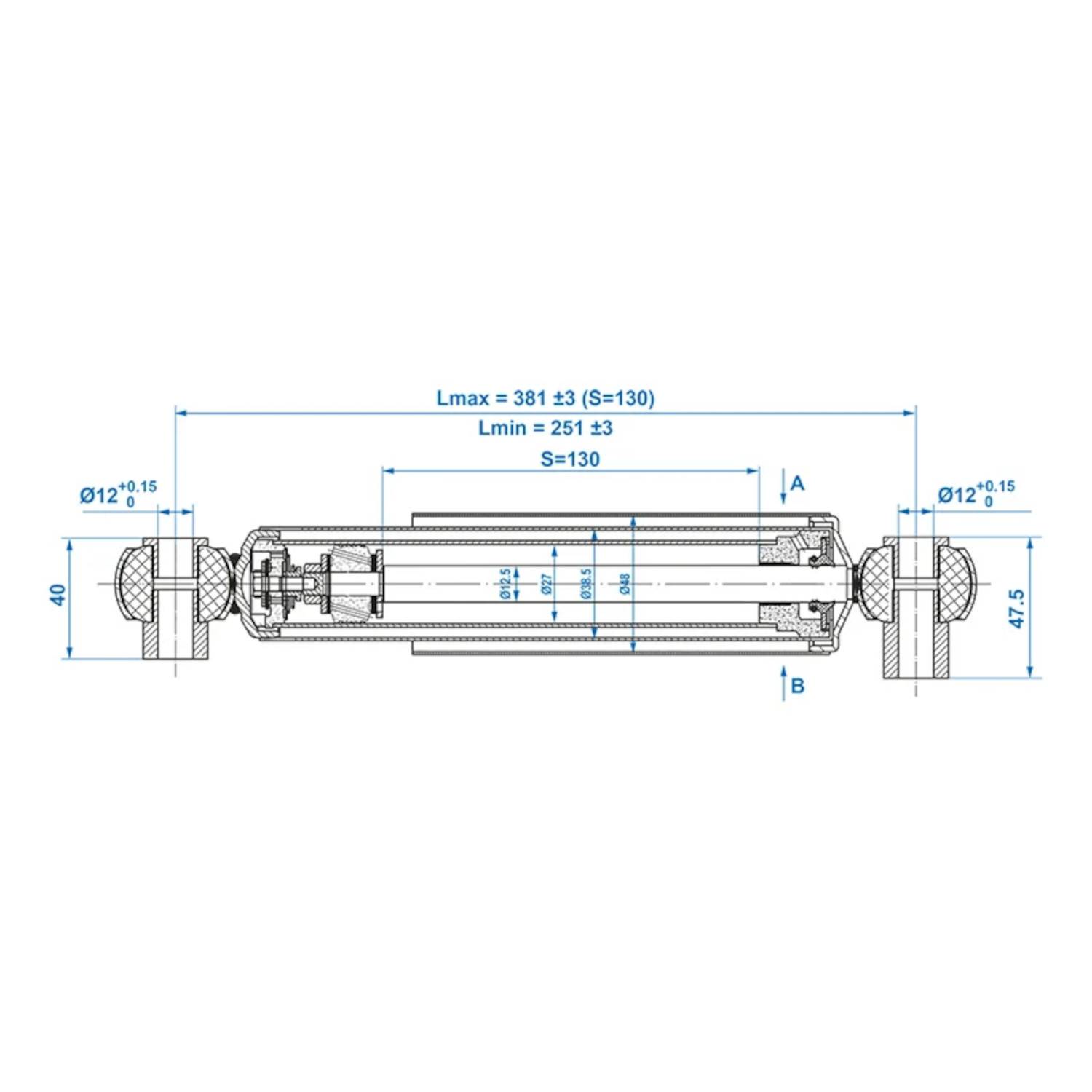 Technische Querschnittszeichnung eines Hydraulikzylinders mit Dimensionen: Lmax=381±3, Lmin=251±3 und anderen spezifischen Maßangaben.