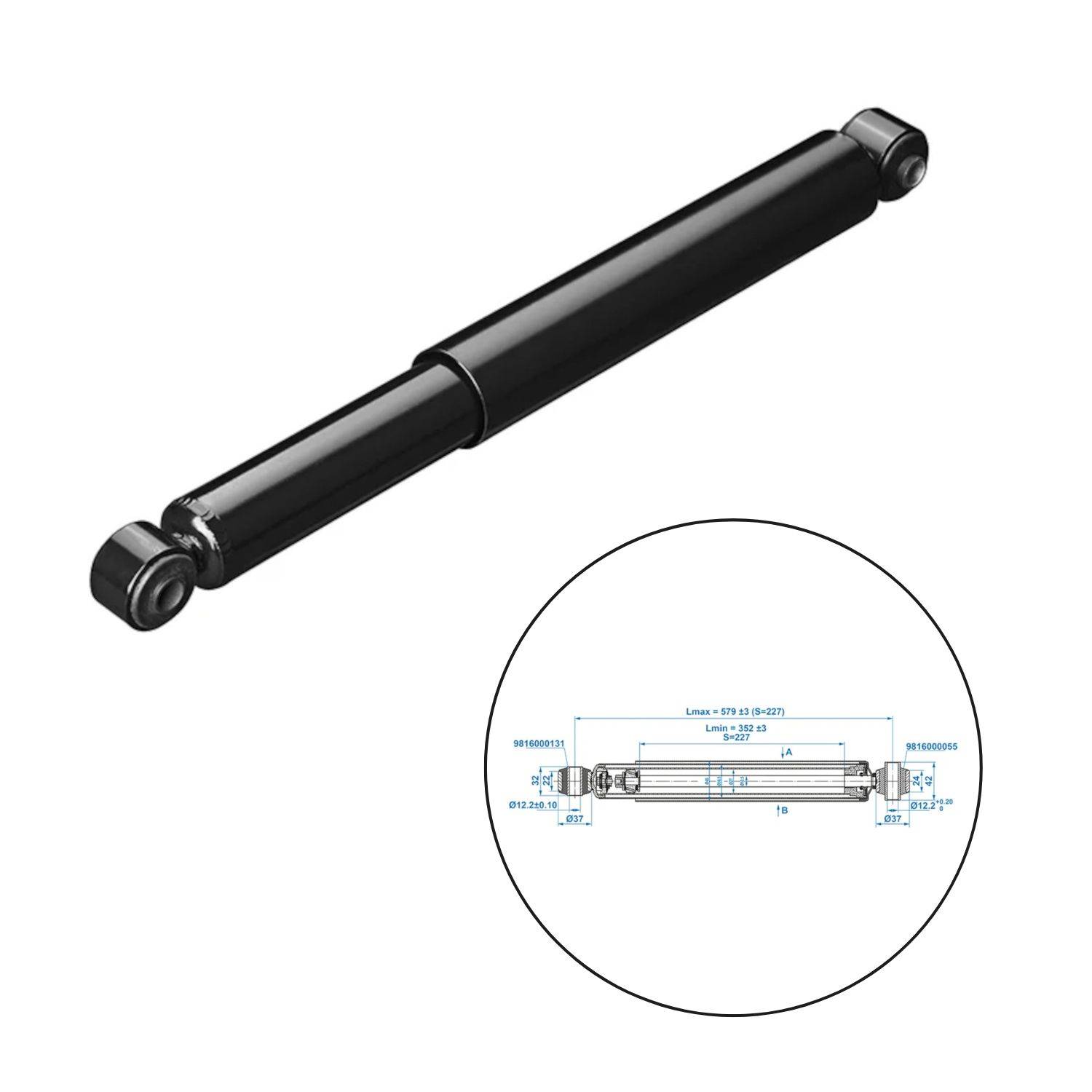 Schwarzer Stoßdämpfer mit einer detaillierten technischen Zeichnung, die Abmessungen und Spezifikationen in der Ecke zeigt.
