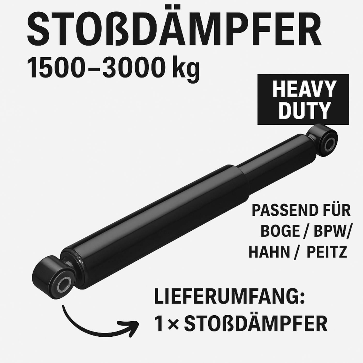 Stoßdämpfer für 1500-3000 kg, gekennzeichnet als 'Heavy Duty'. Geeignet für Boge, BPW, Hahn, Peitz. Enthält 1 Stoßdämpfer.
