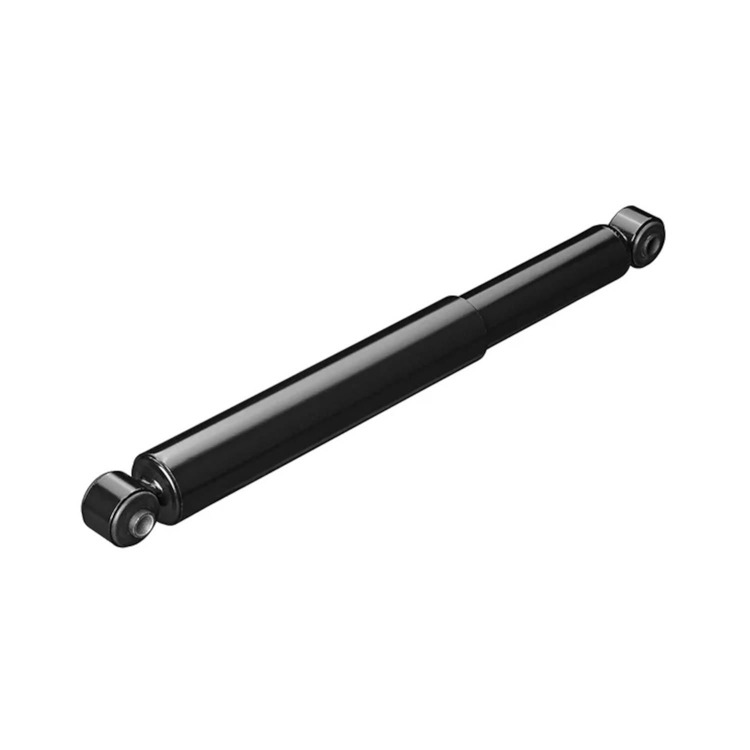 Ein schwarzer zylindrischer Stoßdämpfer mit Metallschlaufen an beiden Enden, der in Fahrzeug-Federungssystemen verwendet wird, um Stoßimpulse zu absorbieren und zu dämpfen.