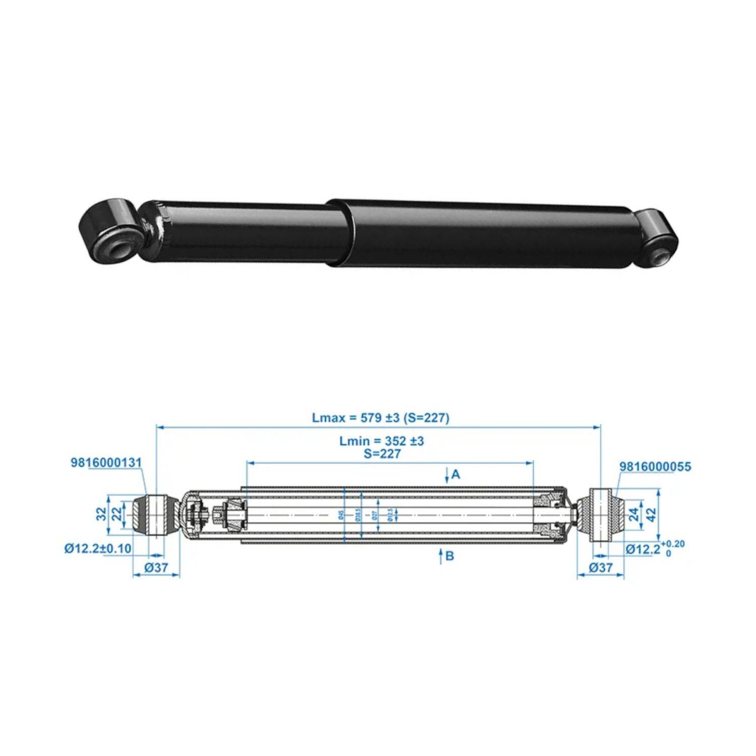 Ein schwarzer Stoßdämpfer wird über einer technischen Zeichnung mit Spezifikationen wie maximaler und minimaler Länge, Durchmesser und Teilenummern dargestellt.