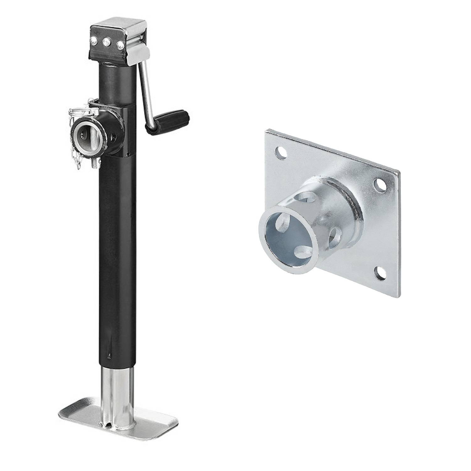 Schwerlast-Anhängerbock mit Griff und flacher Fußplatte, dargestellt mit Befestigungshalterung.