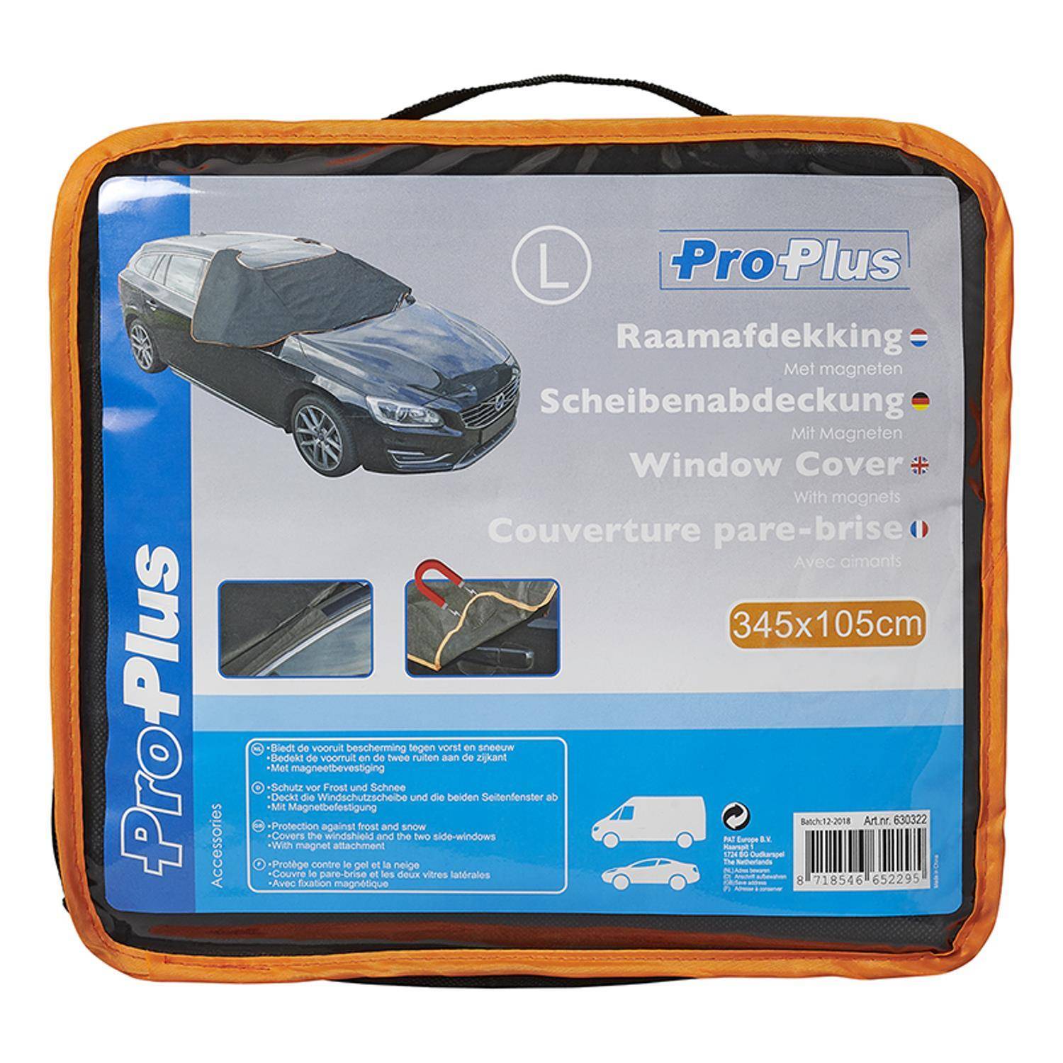 Autofront-Abdeckung Größe 'L'. Schützt Autofenster vor Witterungseinflüssen. Zeigt Installationsbild und Produktabmessungen: 345x105cm.