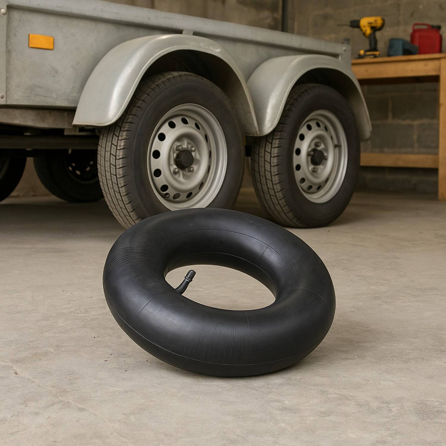 Eine Ersatz-Anhängerreifen-Schlauch liegt auf dem Garagenboden neben einem Anhänger mit Doppelrädern, begleitet von Werkzeugen auf einer Werkbank.