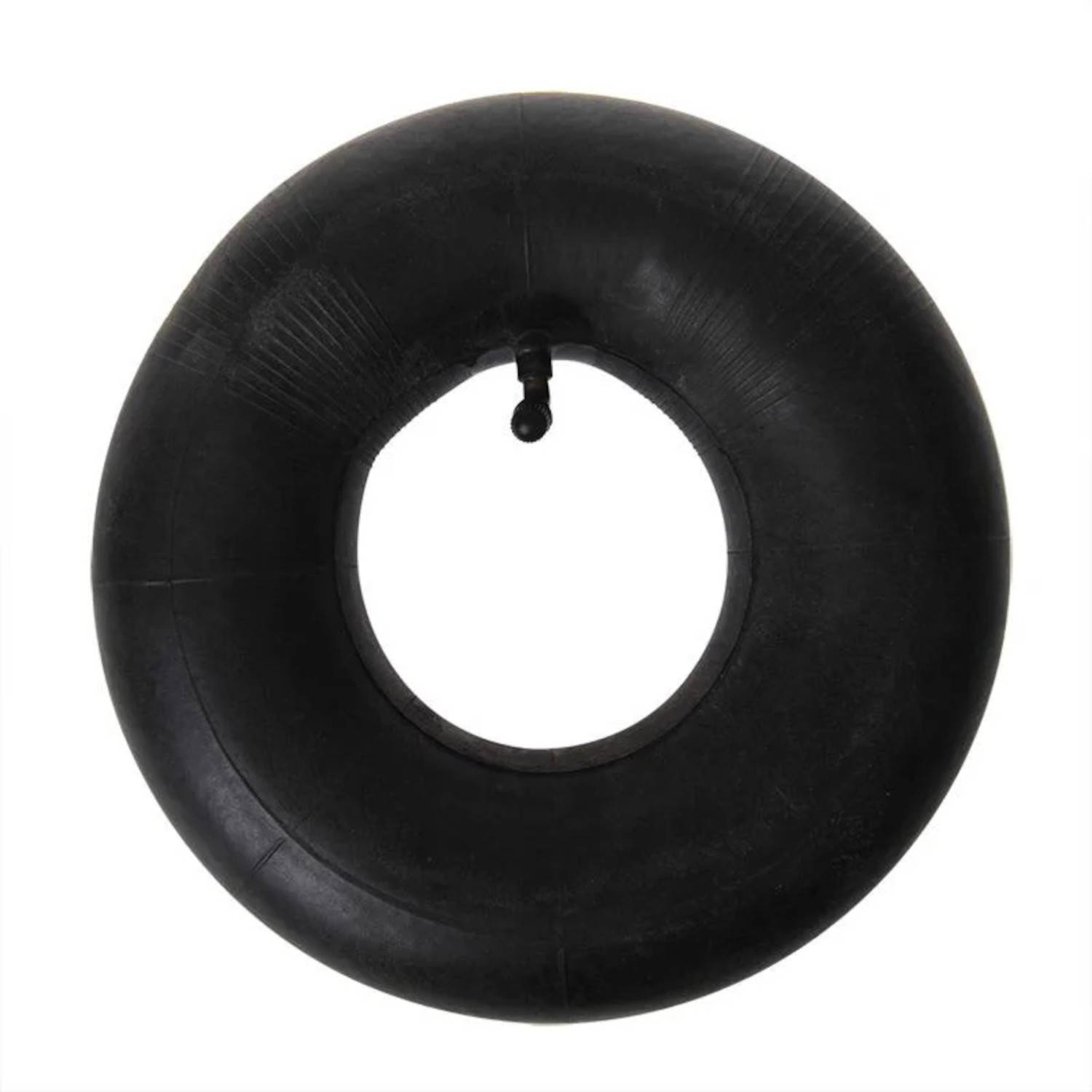 Ein schwarzer Gummireifenschlauch mit sichtbarem Ventil vor einem weißen Hintergrund.