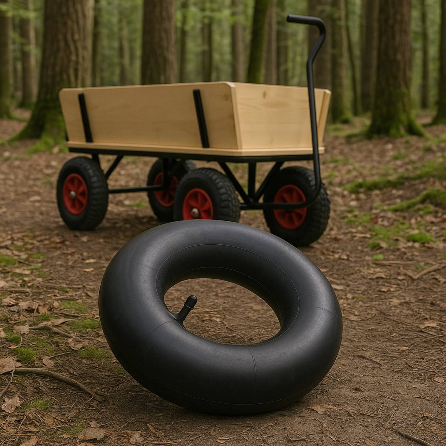 Ein schlaffer schwarzer Schlauch liegt auf einem Waldweg neben einem kleinen Holzwagen mit roten Rädern, eingebettet in eine üppige, grüne Waldumgebung.