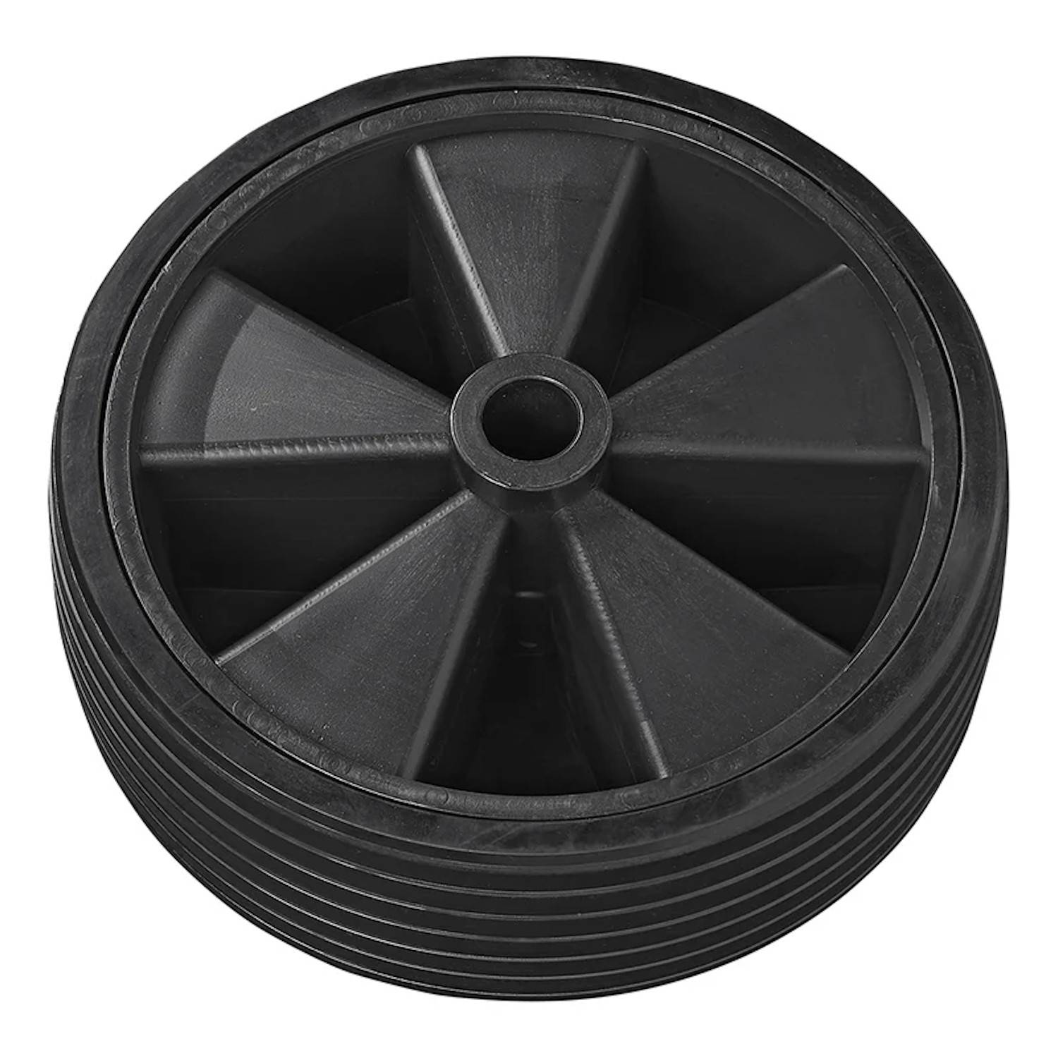 Ein schwarzes, rundes, geripptes Rad mit einem zentralen Loch und sechs speichenartigen Erhebungen auf seiner Oberfläche.