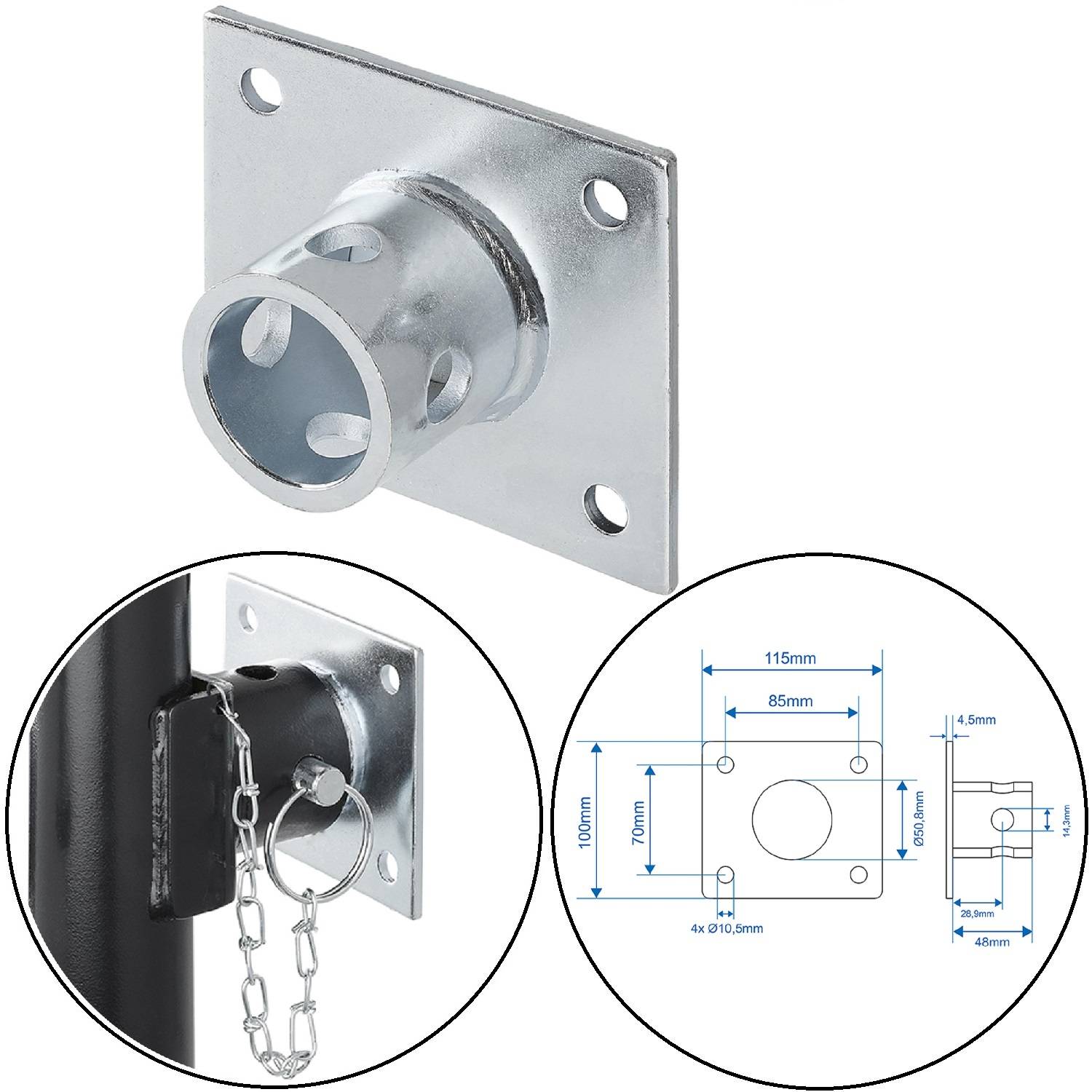 Befestigungsbügel mit einer Metallkette und einem Ring. Technische Zeichnung zeigt Abmessungen: 115 mm Breite, 100 mm Höhe, Lochdurchmesser und Abstände.