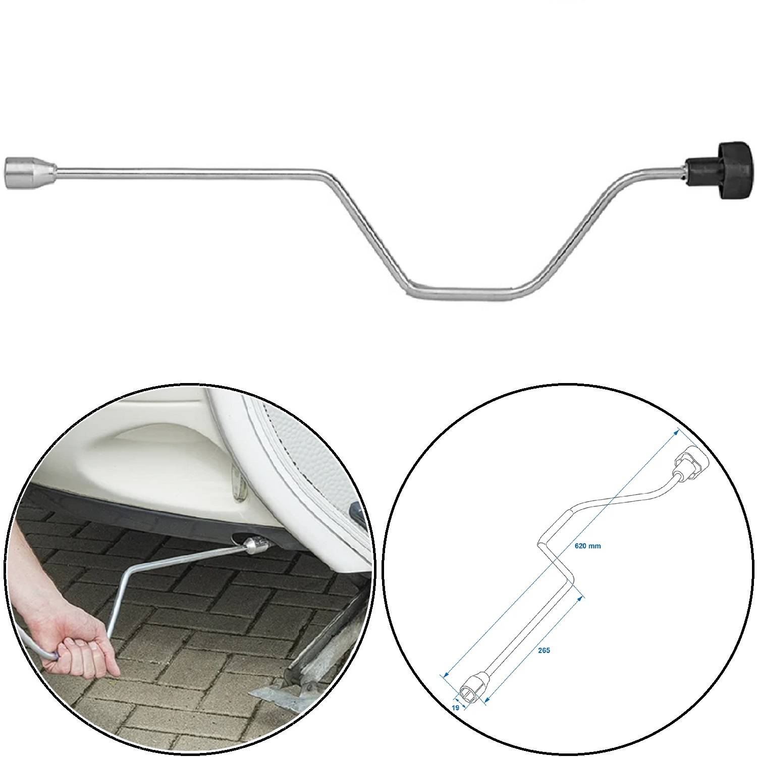 Ein Metallkurbelgriff wird gezeigt. Ein Einsatzbild demonstriert seine Verwendung zum Absenken eines Reifens von einem Fahrzeug. Eine Skizze liefert die Abmessungen: 650 mm Gesamtlänge, 355 mm Handgriffslänge.