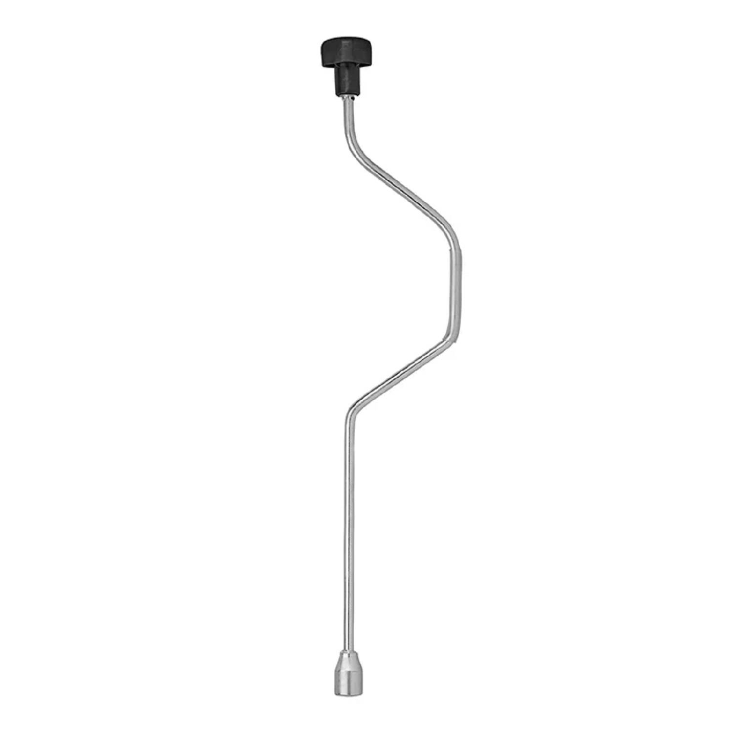 Eine gebogene Metallstange mit einem schwarzen Griff an einem Ende, die als Wagenheber-Kurbelgriff verwendet wird.