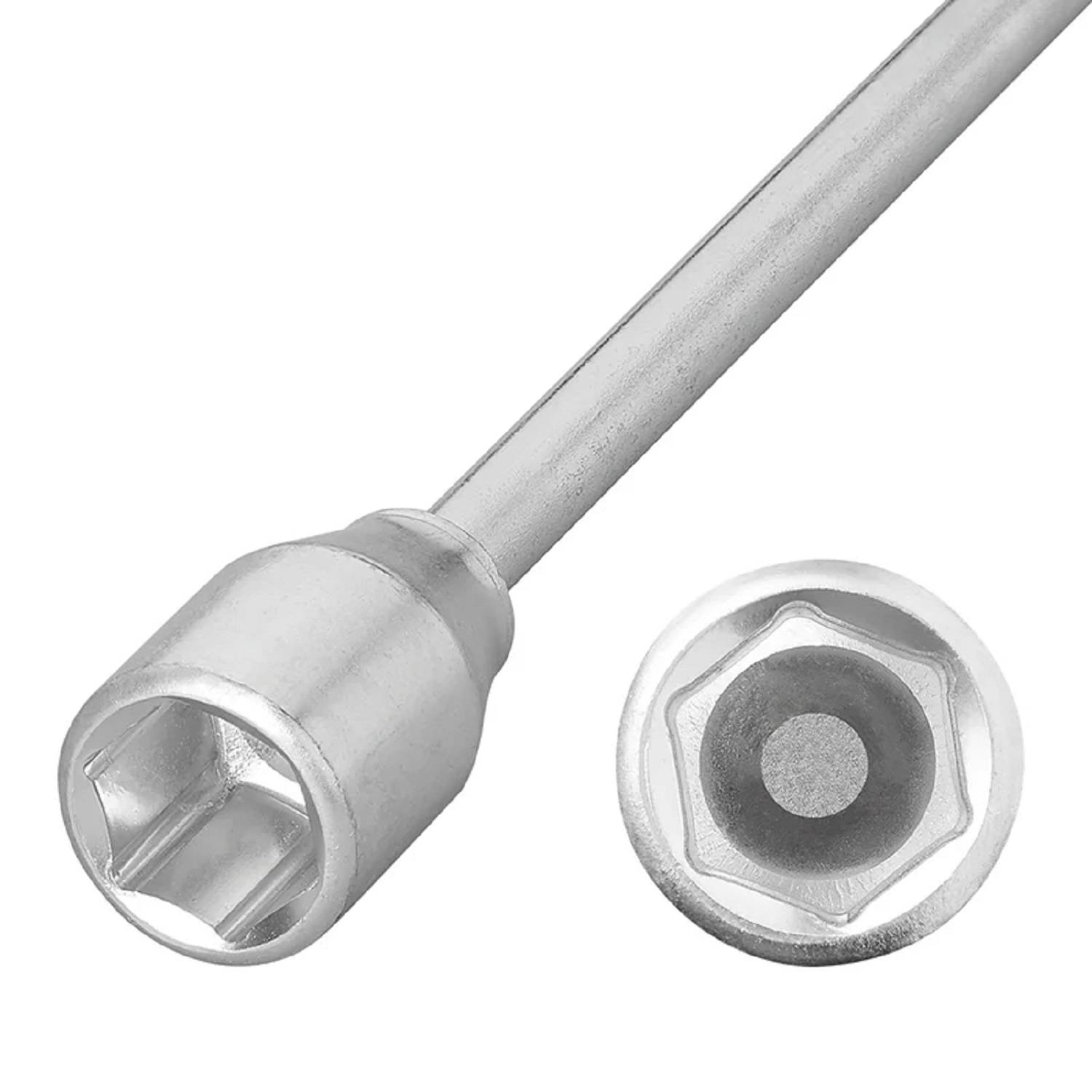 Ein Rohrzange aus Silber mit einem langen Griff, die sowohl Seiten- als auch Frontansicht zeigt. Das Werkzeug wird zum Festziehen oder Lösen von Schrauben verwendet.