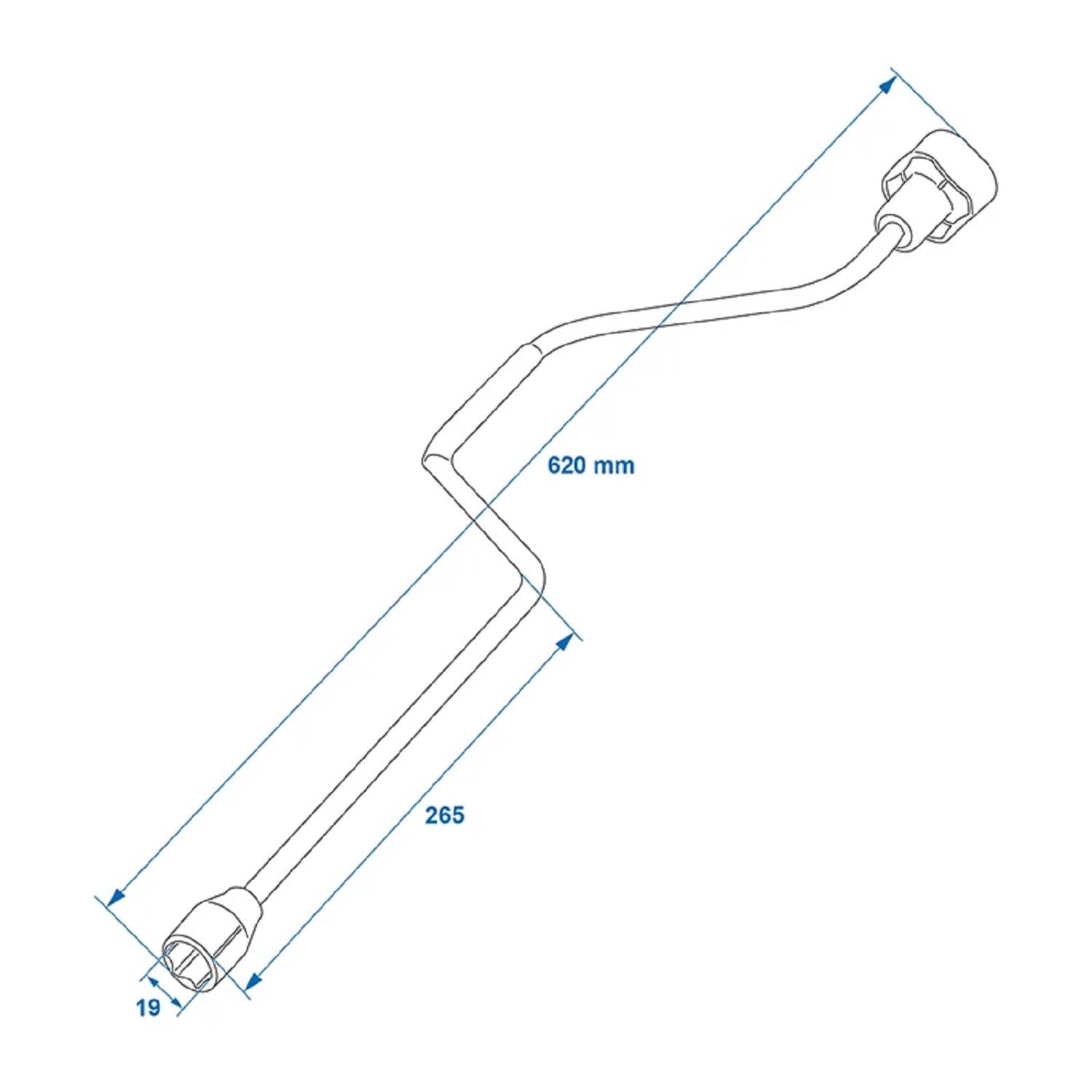 Technische Darstellung eines Kabels mit Abmessungen: unterer Abschnitt 265 mm, oberer Abschnitt 620 mm, Durchmesser 19 mm.