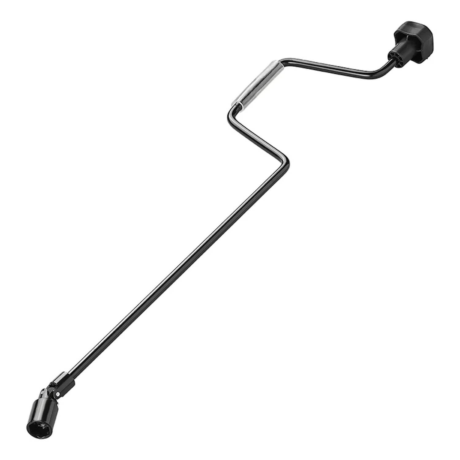 Eine gekrümmte Scheibenwischergestänge-Stange mit einem schwarzen Anschluss an jedem Ende, die zur Verbindung von Scheibenwischermotor und Scheibenwischerblattgruppe konzipiert ist.