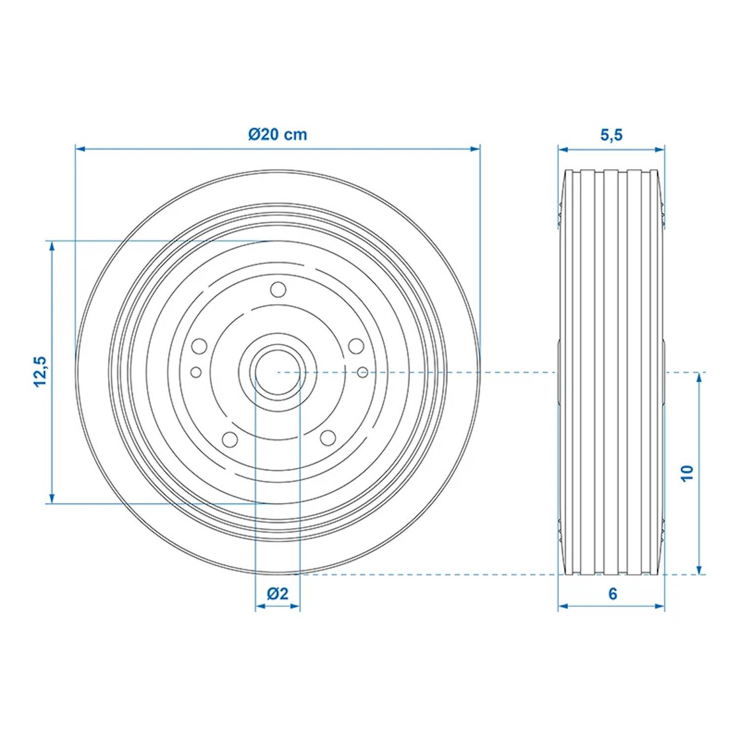 Technische Zeichnung eines runden Objekts mit einem Durchmesser von 20 cm. Seitenansicht zeigt Abmessungen: 5,5 cm Breite und 10 cm Höhe.