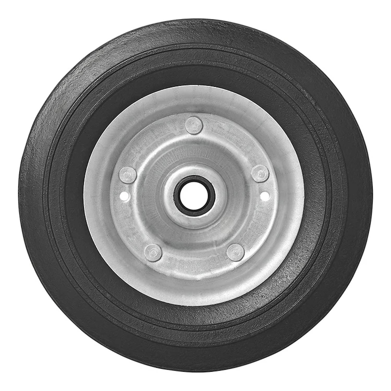 Ein schwarzes Gummilaufrad mit einem metallischen Mittelteil und kreisförmigen Löchern ist vor einem weißen Hintergrund abgebildet.