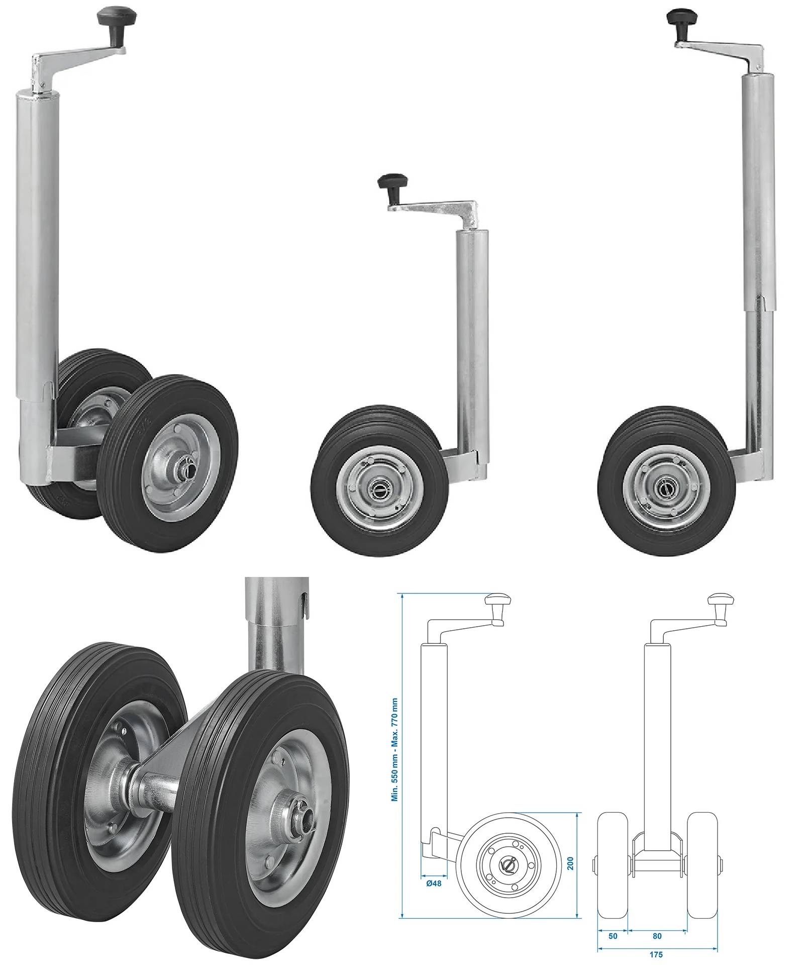 Technische Zeichnung eines Flugzeug-Fahrwerks mit zwei Rädern und einer Tragstruktur, ergänzt durch detaillierte technische Abbildungen mit Dimensionsangaben.