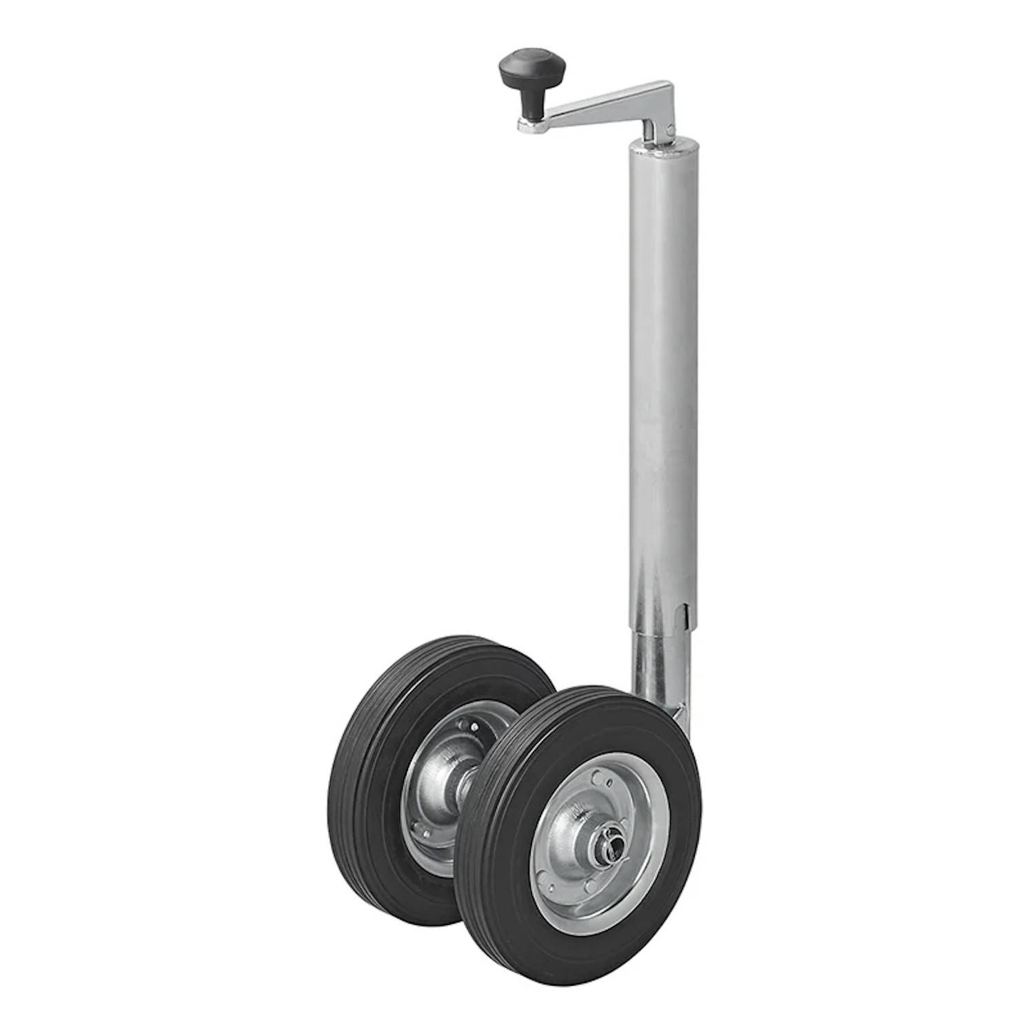 Anhänger-Doppelradwinde mit Kurbelgriff, verwendet zum Abstützen und Manövrieren von Anhängern. Ausgestattet mit robusten Gummireifen für Stabilität.