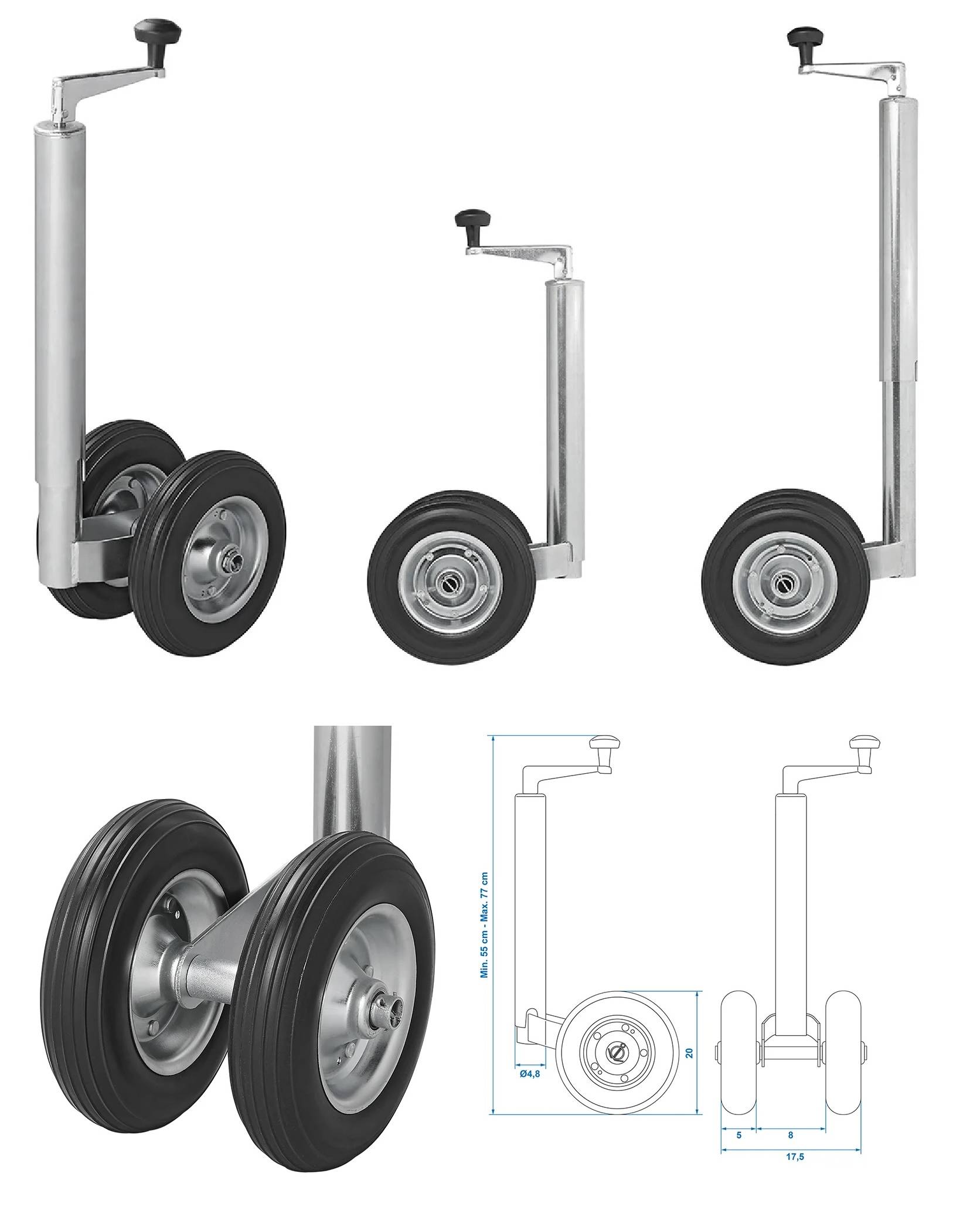 Flugzeug-Fahrwerks-Transportwagen mit Doppelrädern und verstellbarer Höhe. Zu den Merkmalen gehören eine Kurbel und robuste Metallkonstruktion.