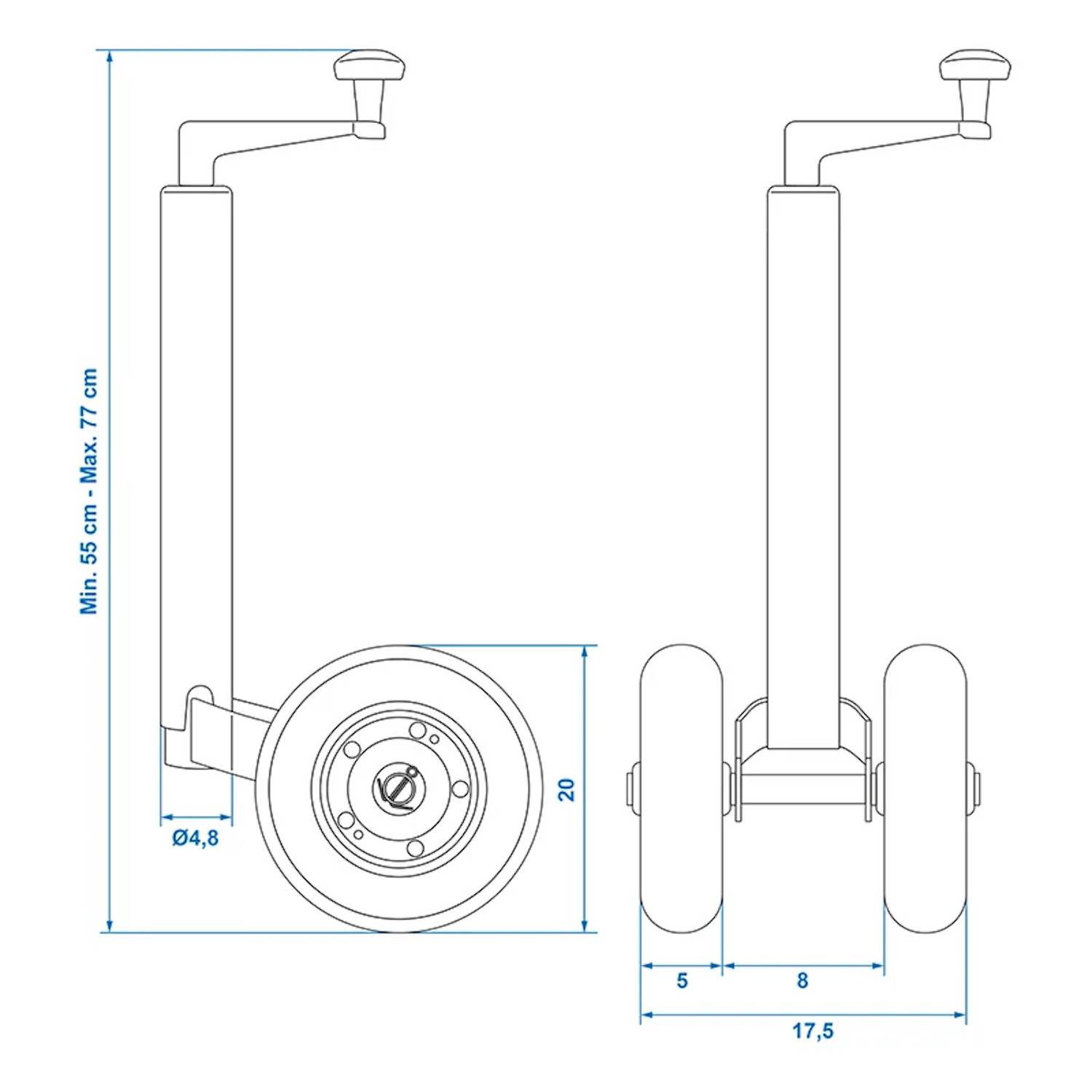 Technische Zeichnung eines zweirädrigen Geräts mit verstellbarer Höhe, die Abmessungen umfassen: minimale Höhe 55 cm, maximale Höhe 77 cm, mit verschiedenen Breitenmessungen.