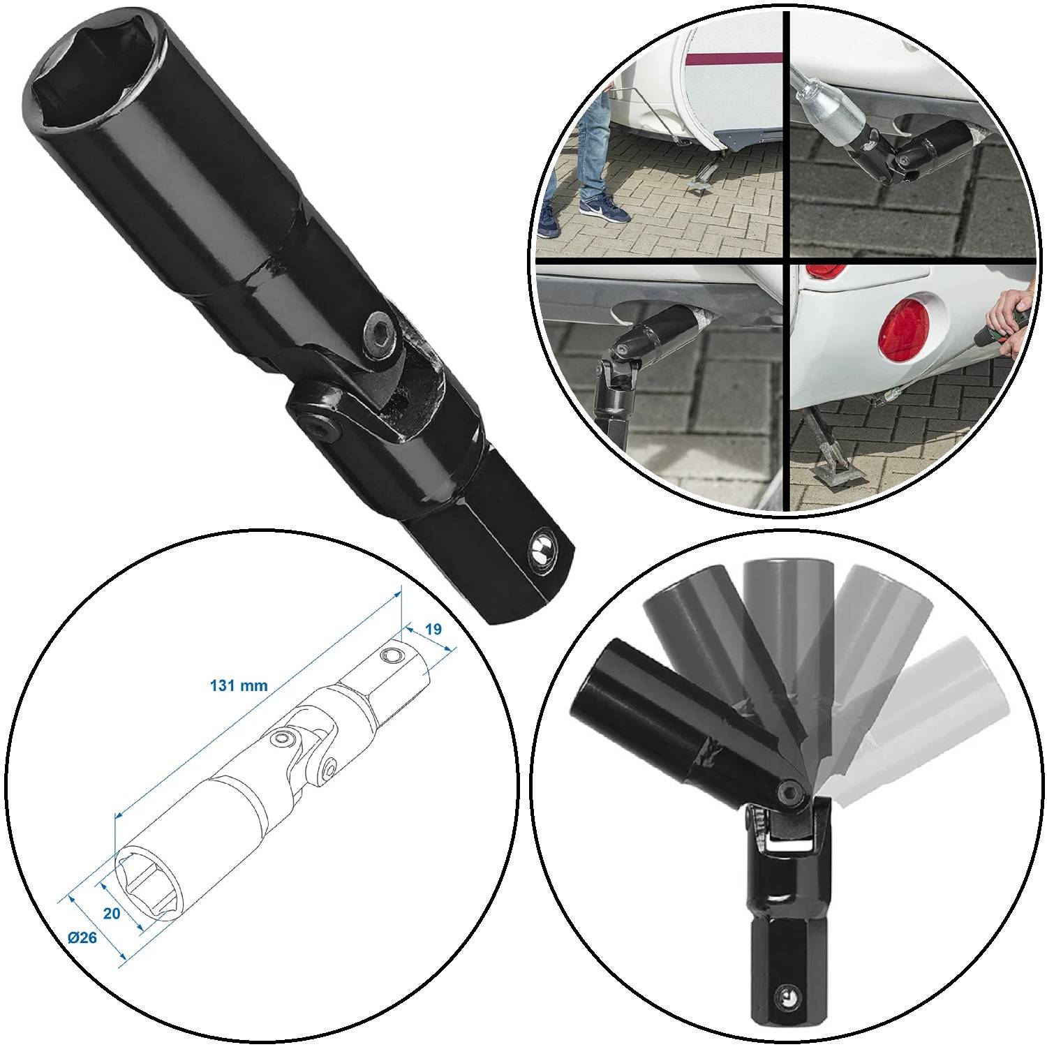 Collage mit einer schwarzen Ratsche, deren Abmessungen, Montage an der Hinterseite eines Autos und verstellbaren Winkeln für vielseitige Fahrzeugbefestigung.