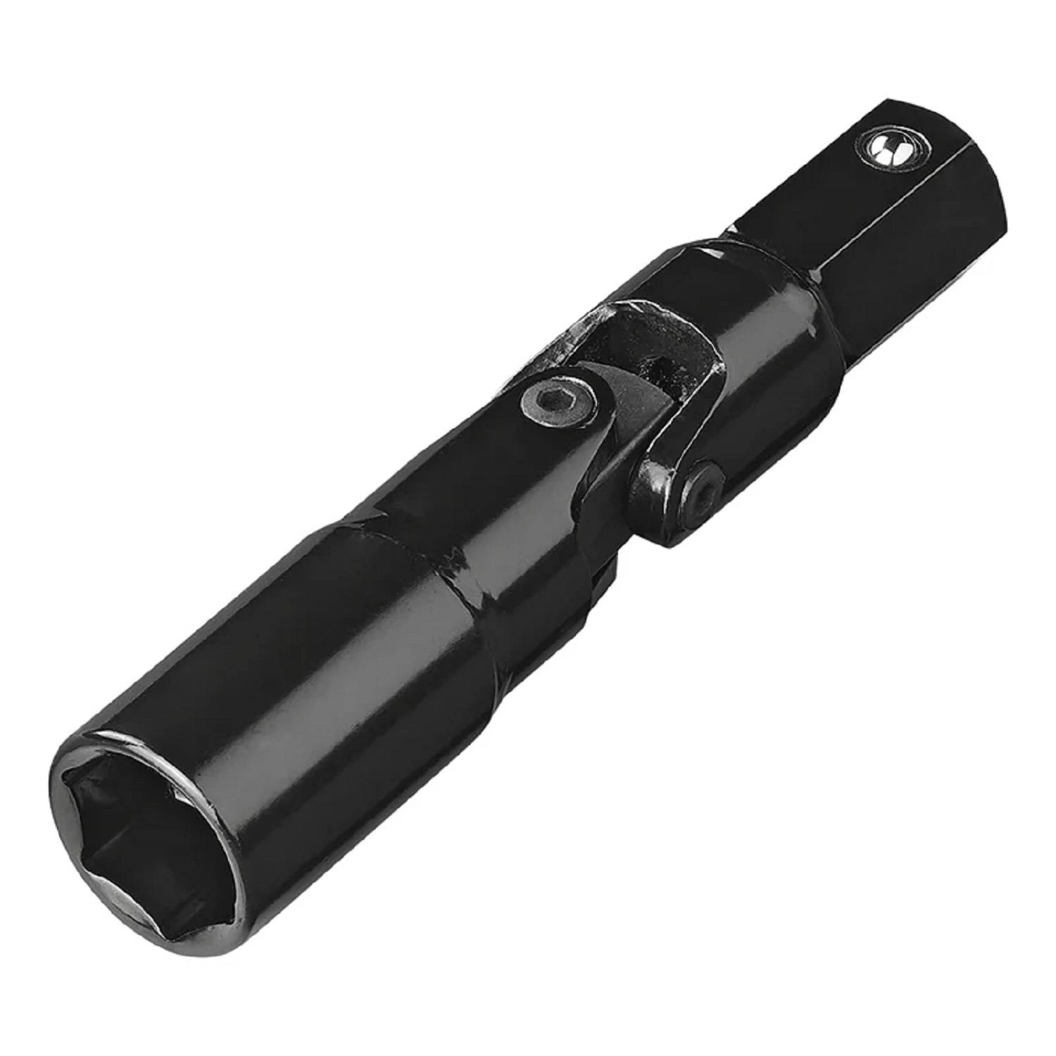 Ein glänzender schwarzer universeller Gelenk-Socketadapter, der in der mechanischen Arbeit verwendet wird, um verschiedene Werkzeuggrößen zu verbinden, wird vor einem einfarbigen Hintergrund gezeigt.