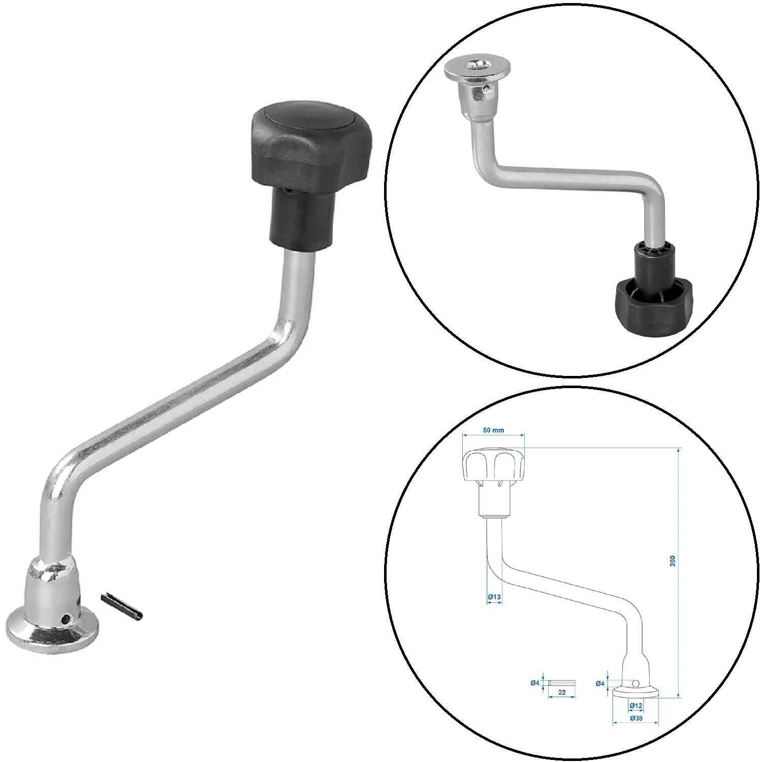 Verstellbarer Metallhebel mit schwarzem Griff, der aus verschiedenen Perspektiven dargestellt wird, einschließlich Seitenansicht und technischer Schemazeichnung mit Maßangaben.
