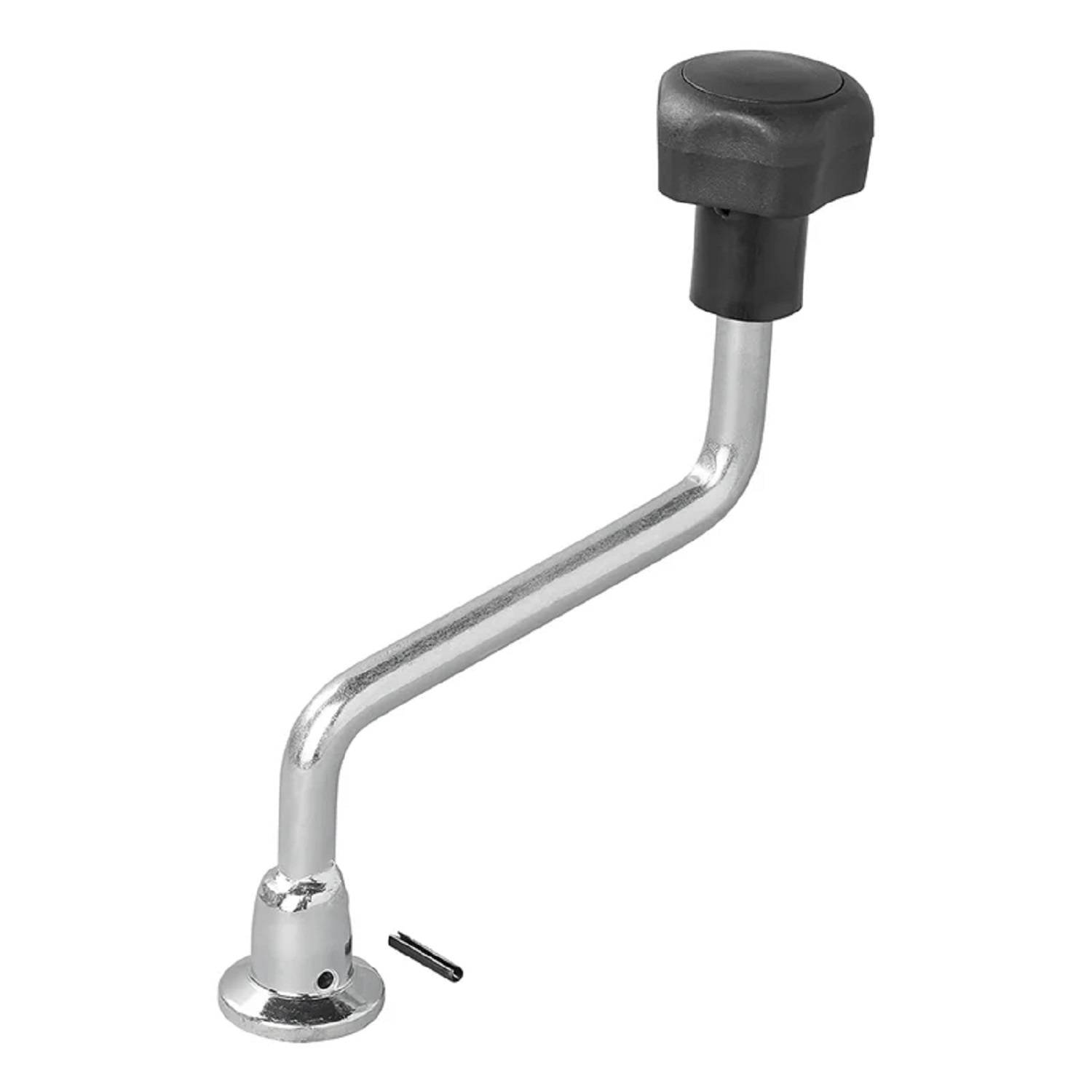 Eine Metallkurbel mit einem schwarzen Kunststoffgriff, konzipiert für die manuelle Bedienung von Maschinen, dargestellt mit einem kleinen Befestigungsstift.