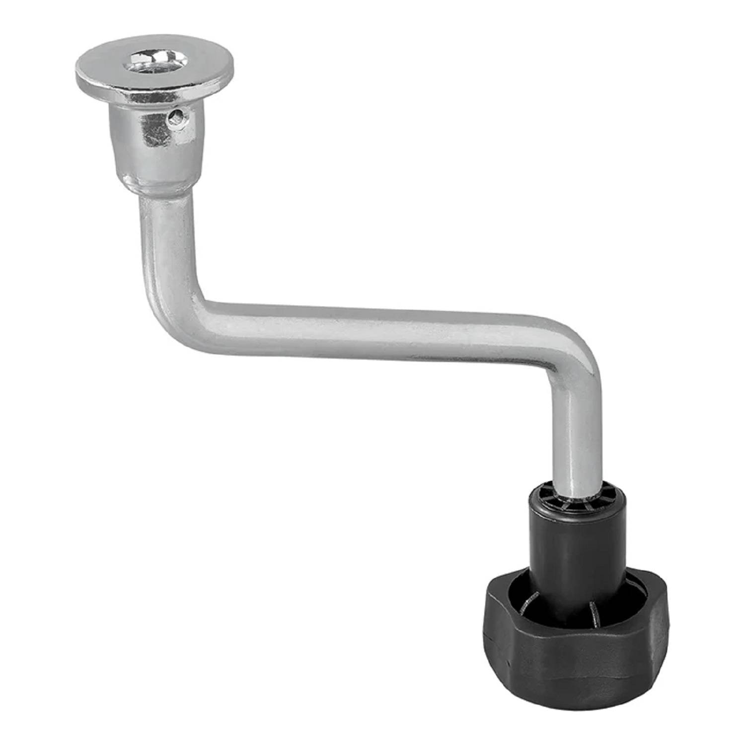 Ein metallener quadratischer Exzenterkurbel-Handgriff mit einer schwarzen Kunststoffendkappe, konzipiert für Dreh- und Bewegungsmechanismen wie Fensterkurbeln oder Maschinenteile.