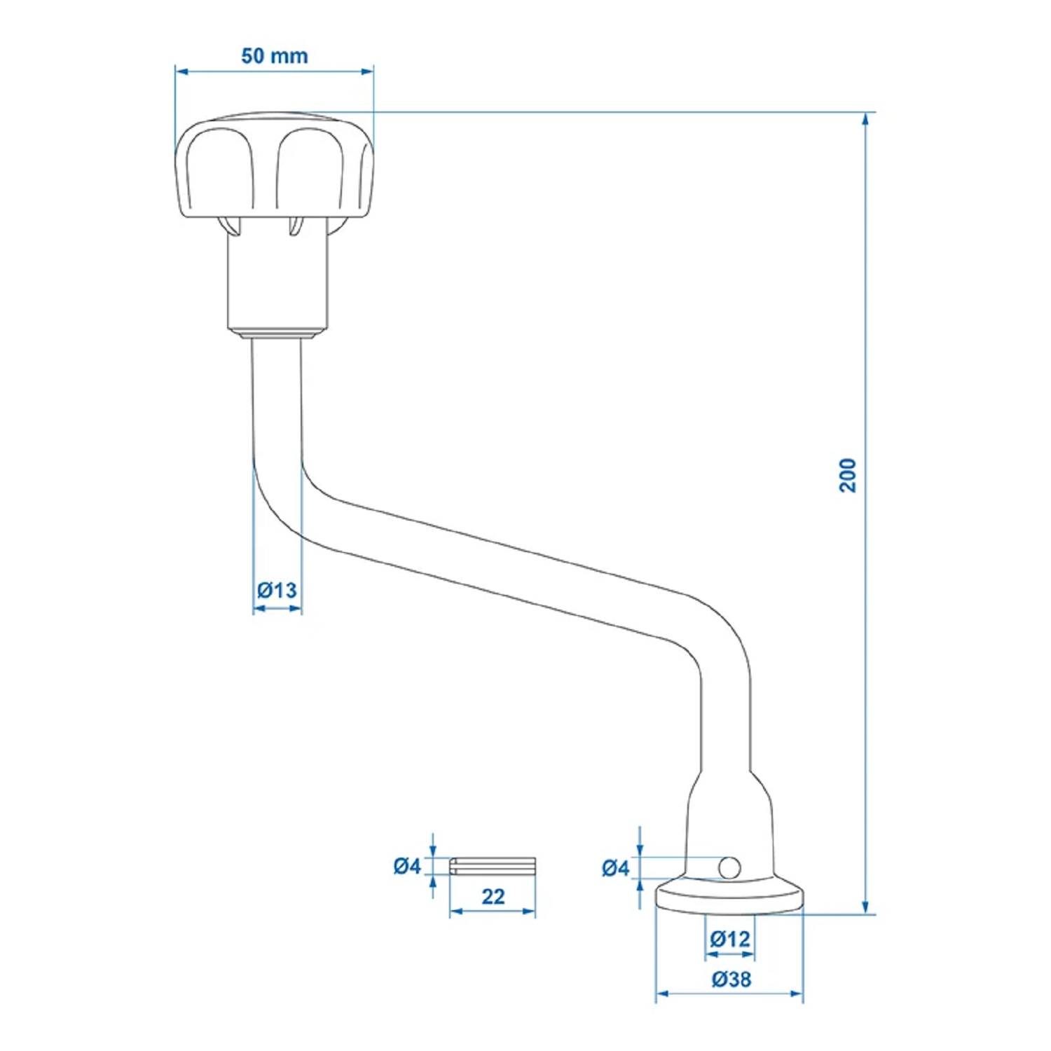 Technische Zeichnung eines Wasserhahns mit Abmessungen: Höhe 200 mm, obere Breite 50 mm, Basisdurchmesser 38 mm und Auslaufdurchmesser 12 mm.