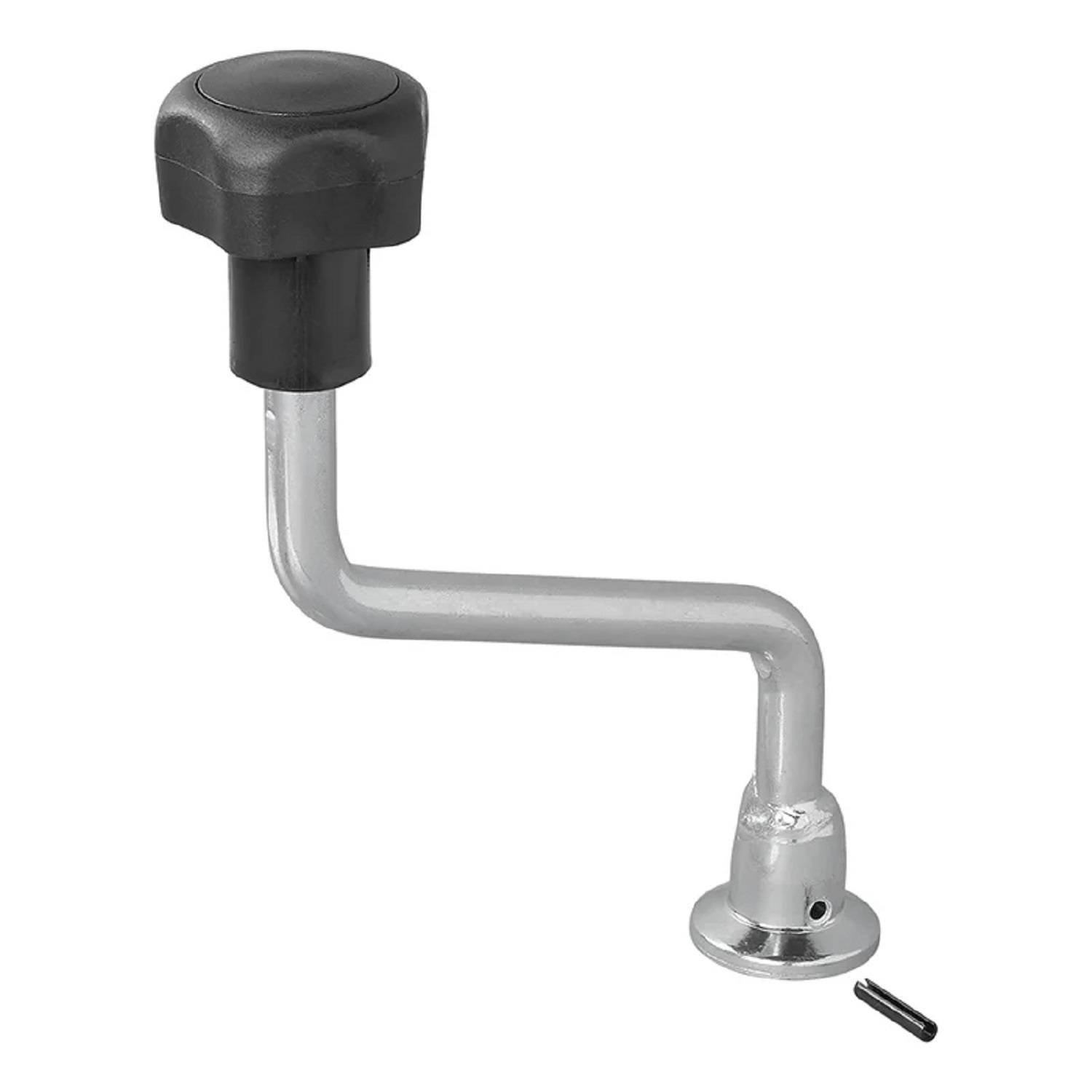 Eine Metallkurbel mit einem schwarzen Knauf und einer Montagebasis. Sie ist für die manuelle Bedienung konzipiert und möglicherweise für Maschinen oder Ausrüstung vorgesehen.