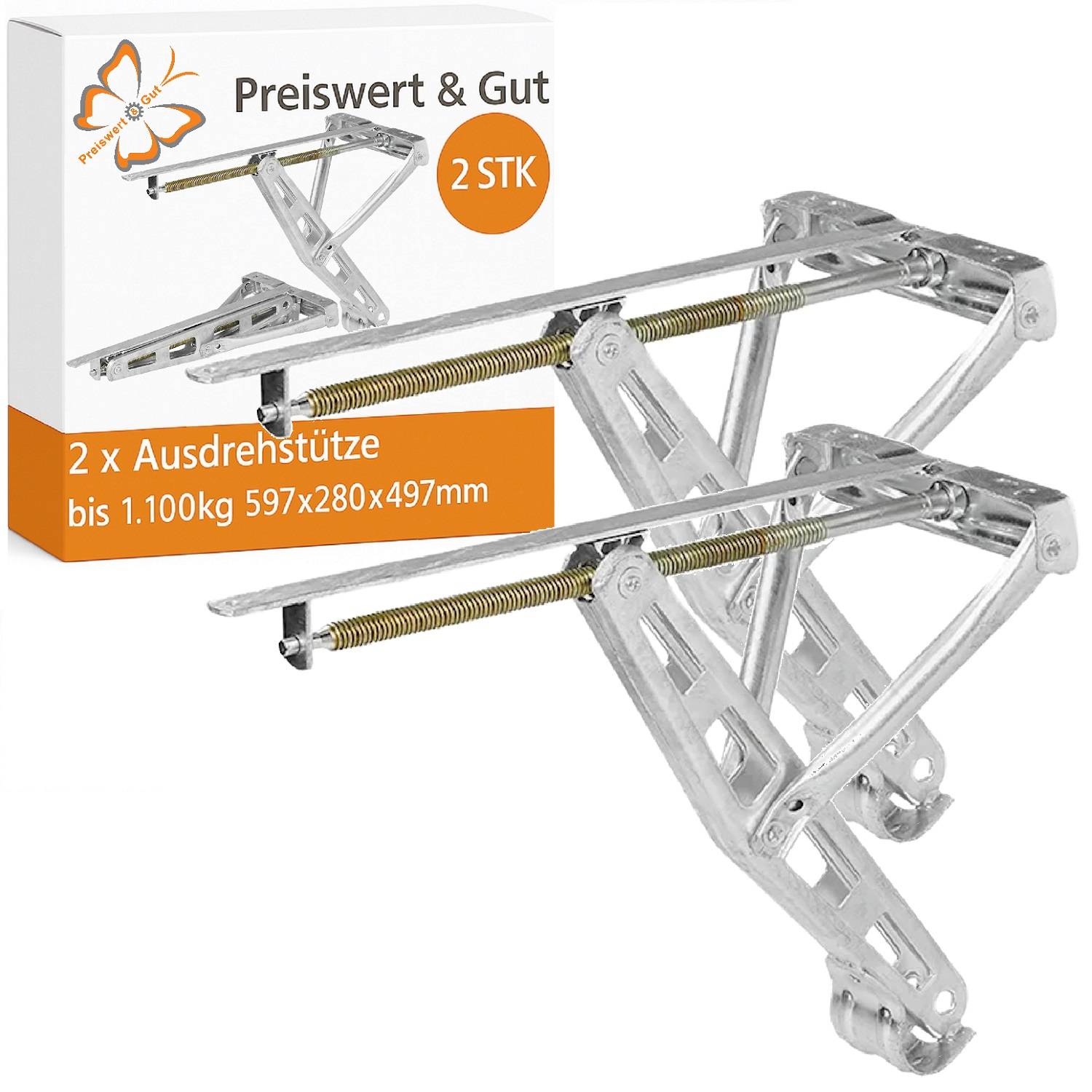 Preiswert & Gut' Box mit zwei Metallausdehnungsmechanismen, beschriftet mit '2 x Ausdrehstütze bis 1.100kg 597x280x497mm'.